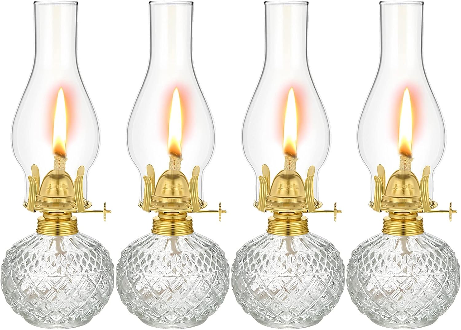 Riakrum 4 Pieces Large Chamber Oil Lamp for Indoor Use, Glass Kerosene Oil Lamp Lantern Vintage Hurricane Wick Light Classic Chamber Fuel Light Lantern for Home Tabletop Decor Emergency Lighting