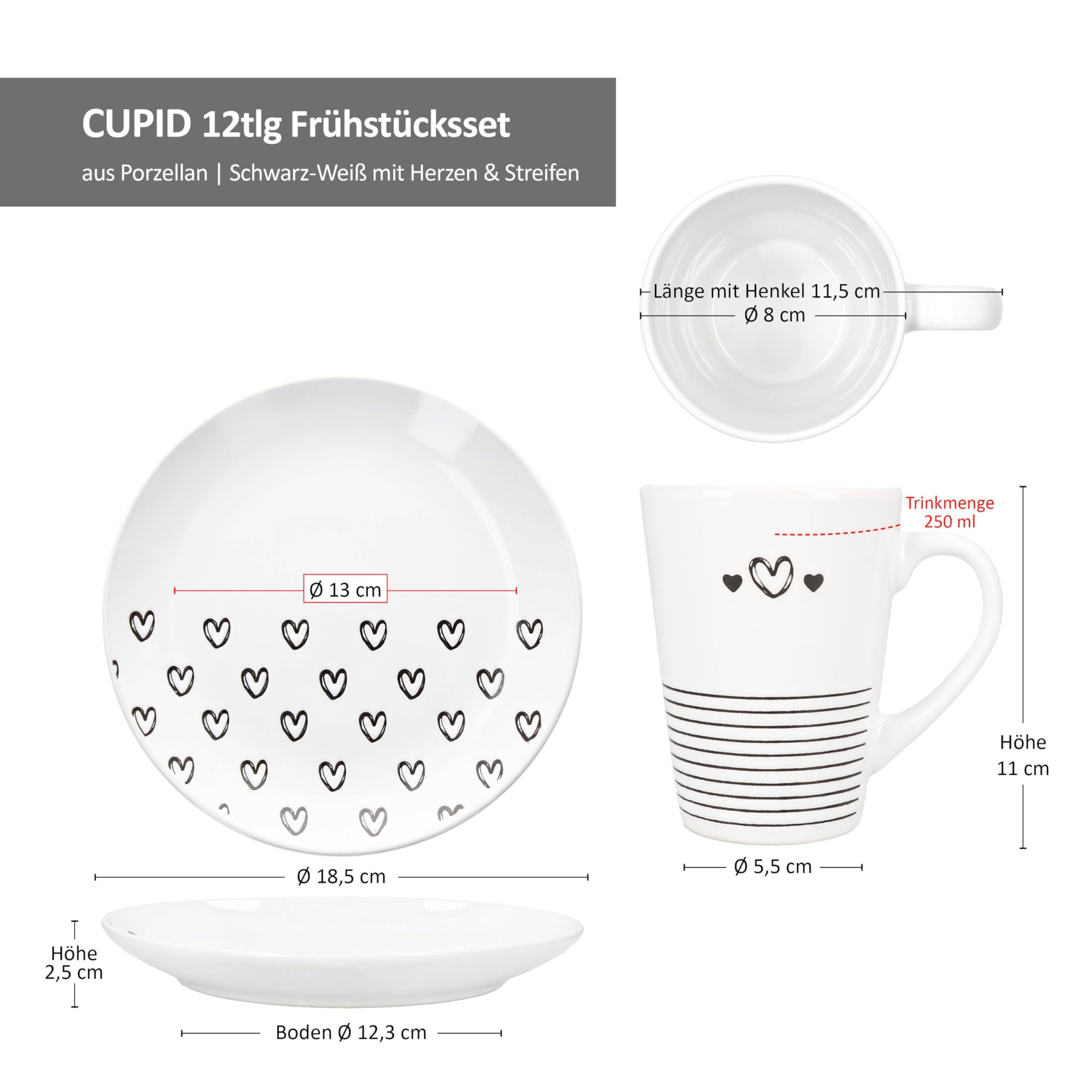 MamboCat Cupid 12tlg Frühstücksset I 6x Kuchenteller Ø18,5cm & 6x Kaffeebecher 350ml I Porzellan Geschirr schwarz-weiß mit Herz & Streifen Dekor I für Frühstück & Kaffeezeit