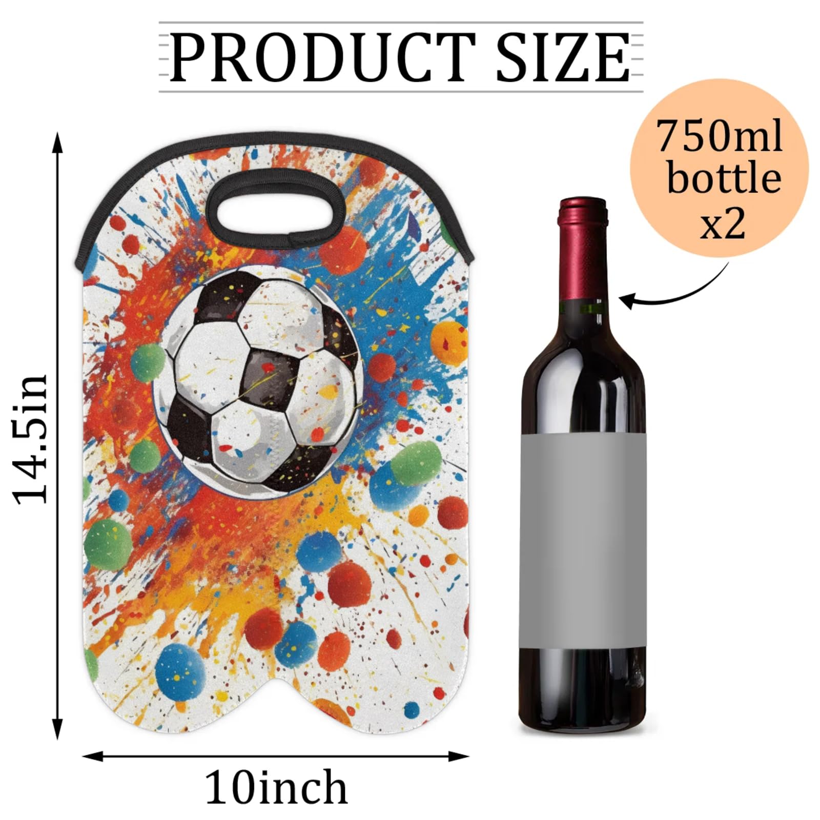 GzLeyigou 2 Bottles Watercolor Football Soccer Wine Bag Sleeve Totes Neoprene Protective Wine Carrier Bag for Wine,Water, Champagne, Beer, Baby Bottles,Gift 14.5 x 10 Inches