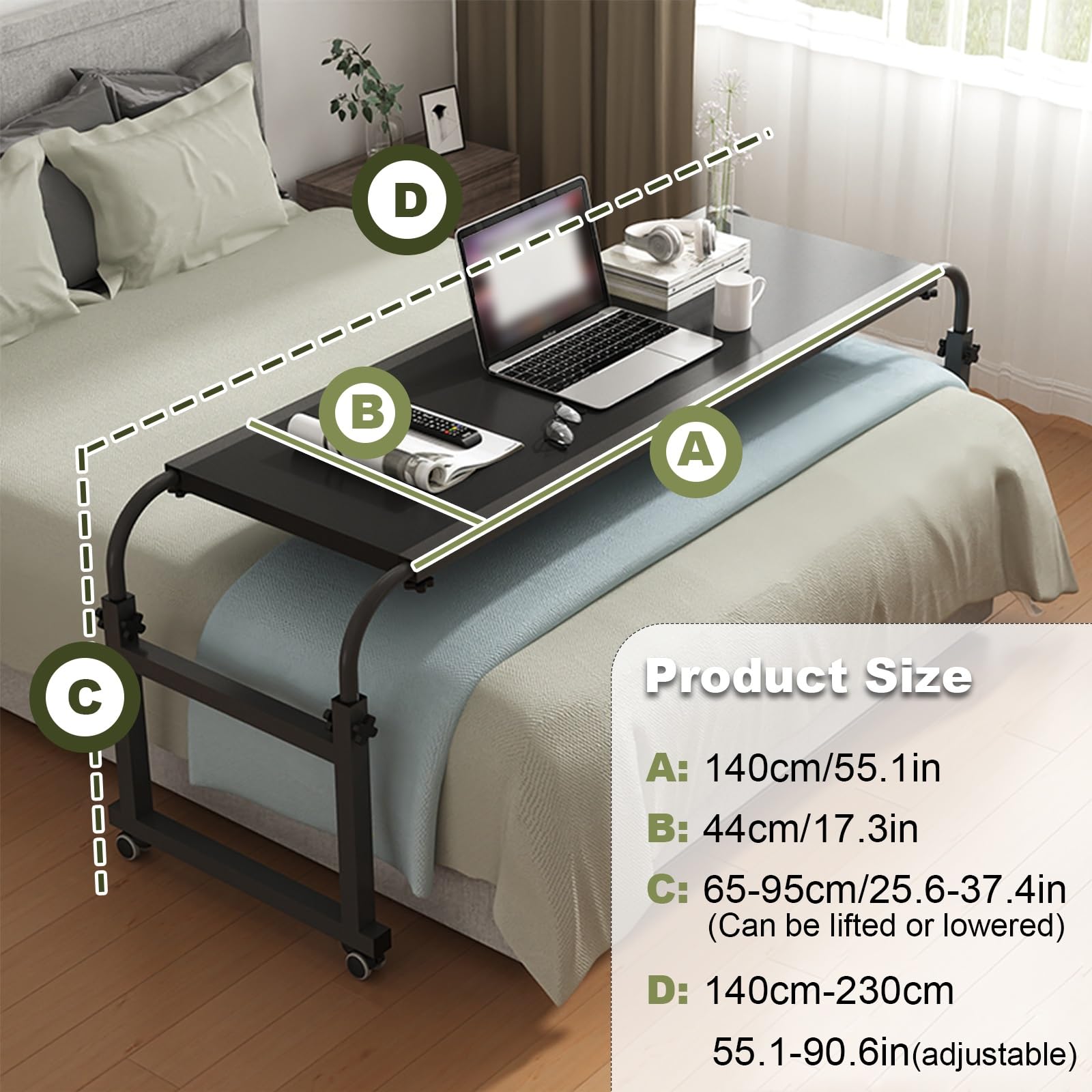 Table de lit réglable avec roues freinables - Bureau d'ordinateur portable polyvalent pour le travail paresseux au lit - Hauteur 65-95 cm - Idéal pour le salon, la chambre à coucher, le bureau