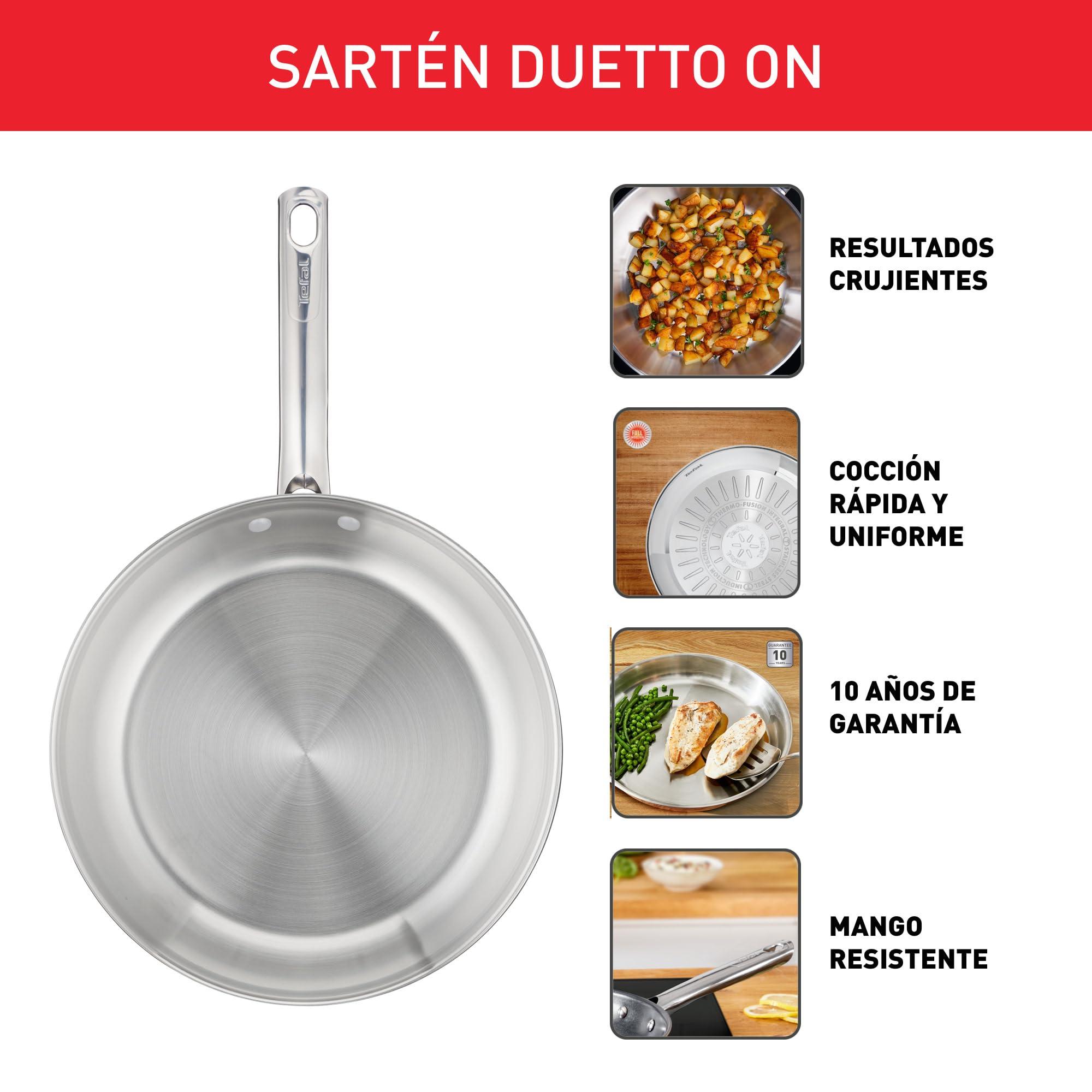 Tefal Duetto On - Sartén de 28 cm, Acero inoxidable, Cocción rápida y uniforme, Apto inducción, Mango ergonómico, 10 años de garantía, Resultados crujientes — view 3