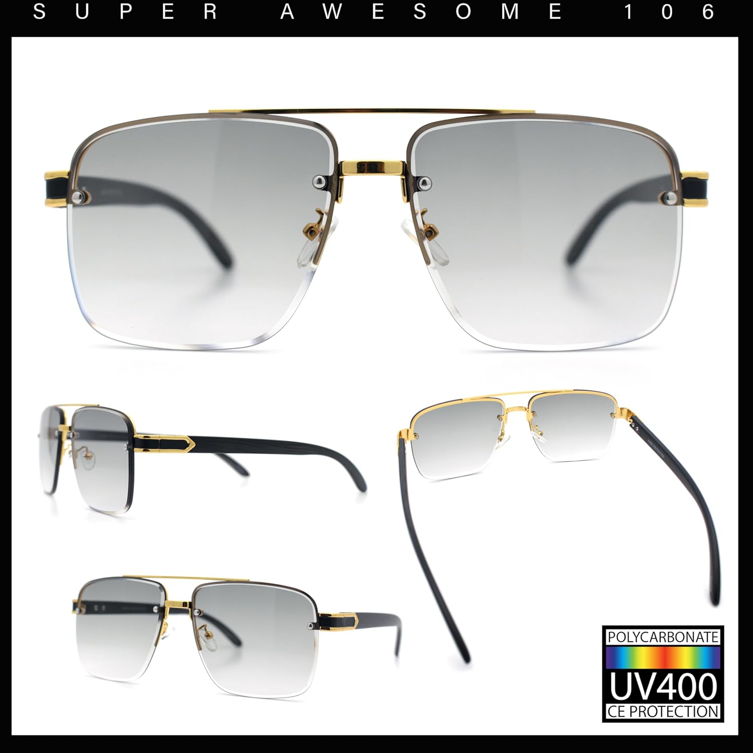 SA106 Mens Rectangle Double Bridge Half Rim Wood Grain Arm Mob Sunglasses