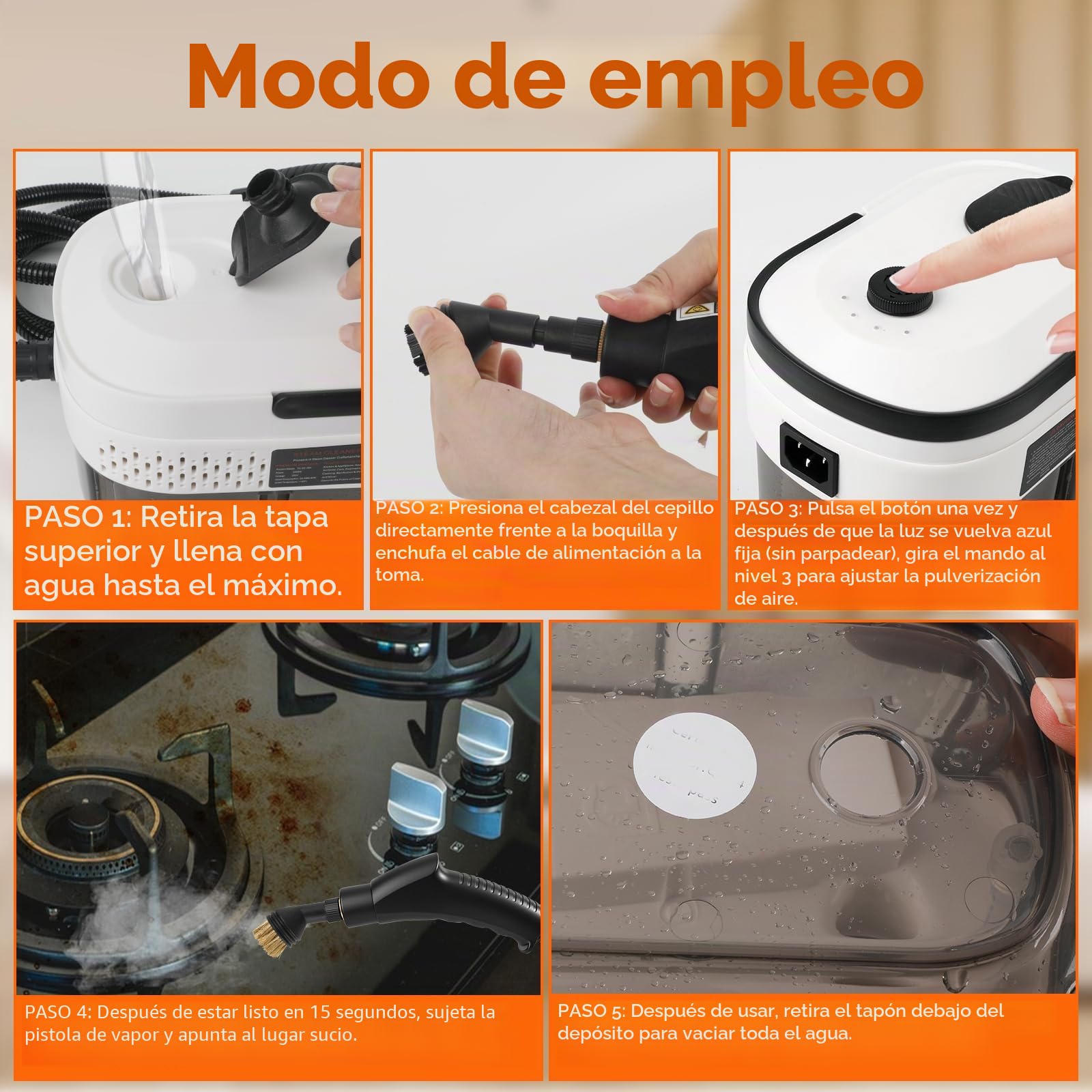 Limpiador a vapor, 2500 W, 3 bar, limpiador a vapor de mano, 1400 ml, depósito de agua, 15 segundos, 3 velocidades, 6 cabezales de cepillo para cocina, ventanas, piso, baño, coche