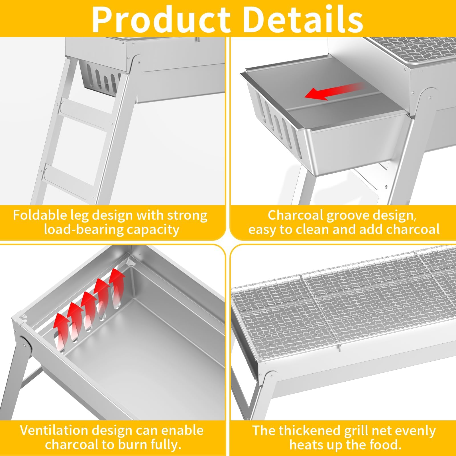 Barbecue Portatile A Carbonella Pieghevole - Griglia In Acciaio Inox Per Campeggio - Foto 6