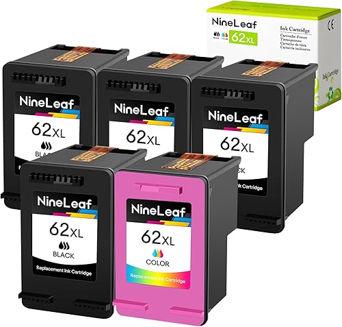 Nineleaf - 5 cartuchos de tinta remanufacturados 62XL 62 XL de alto rendimiento C2P05AN C2P07AN para impresora HP Envy 5640 5642 5643 5644 5646 5660
