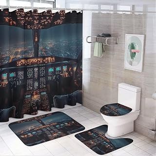 Watercolor Jet Pilot View Theme for Bathroom Shower Curtains Sets with Rugs 4Pcs,Abstract 3D Fighter Aircraft Cockpit Print Shower Curtains Sets (12Hooks)