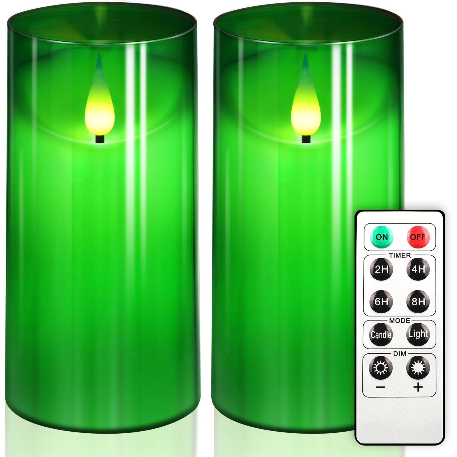 NURADA 3"x6"Flickering Flameless Candles: 3D Wick Unbreakable Glass Battery Operated LED Pillar Candles - Acrylic Battery Candles with Remote and Timer Green