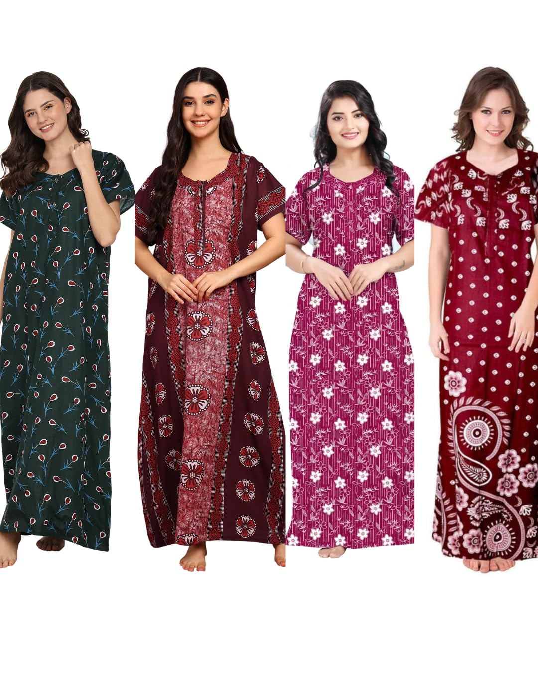 Pack of 4 Cotton Printed Nighty for Women | Soft Cotton Maxi Gown | Ankle Length Nightwear Dress | Free Size, Multicolour-image-24