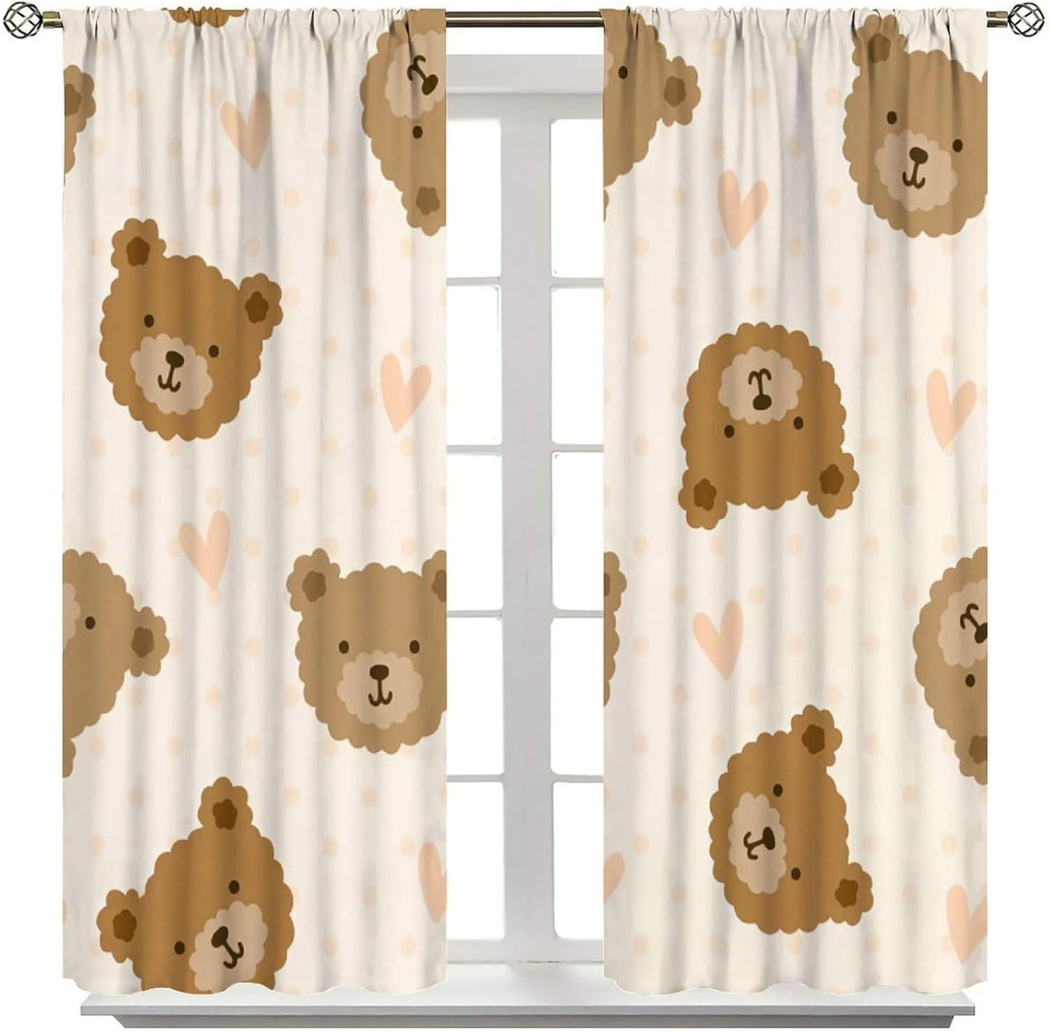 Brown Bear Curtains, Pastel Beige Polka Hearts Cartoon Cute Bears Print Rod Pocket Blackout Window Treatments Curtain for Baby Boys Bedroom Livingroom, 42" W X 45" L