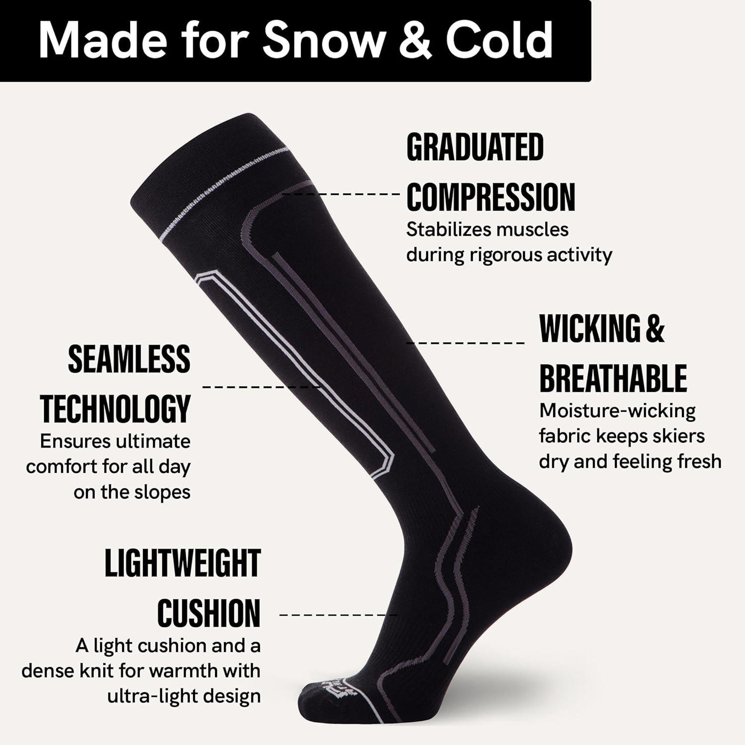 Pure Athlete Ultra-Thin Lightweight Ski Socks - Snowboarding Skiing Sock, Merino Wool - Image 3