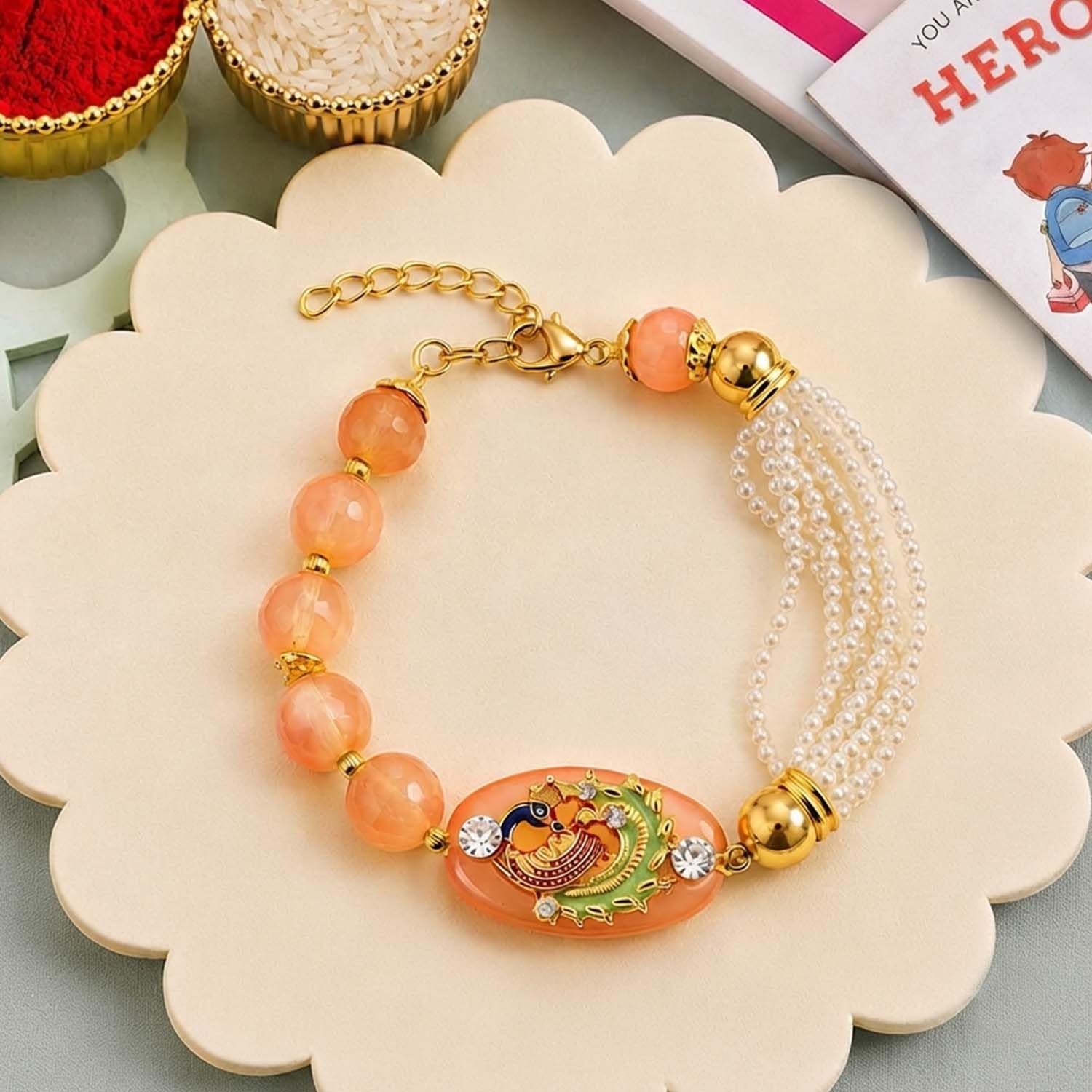 Peacock bracelet Design Kundan Meena Rakhi Raksha Bandhan Gift Band Moli Bracelet Stone Pearl Designer Rakhi for Sister bhabhi with Roli Tilak Pack-image-30
