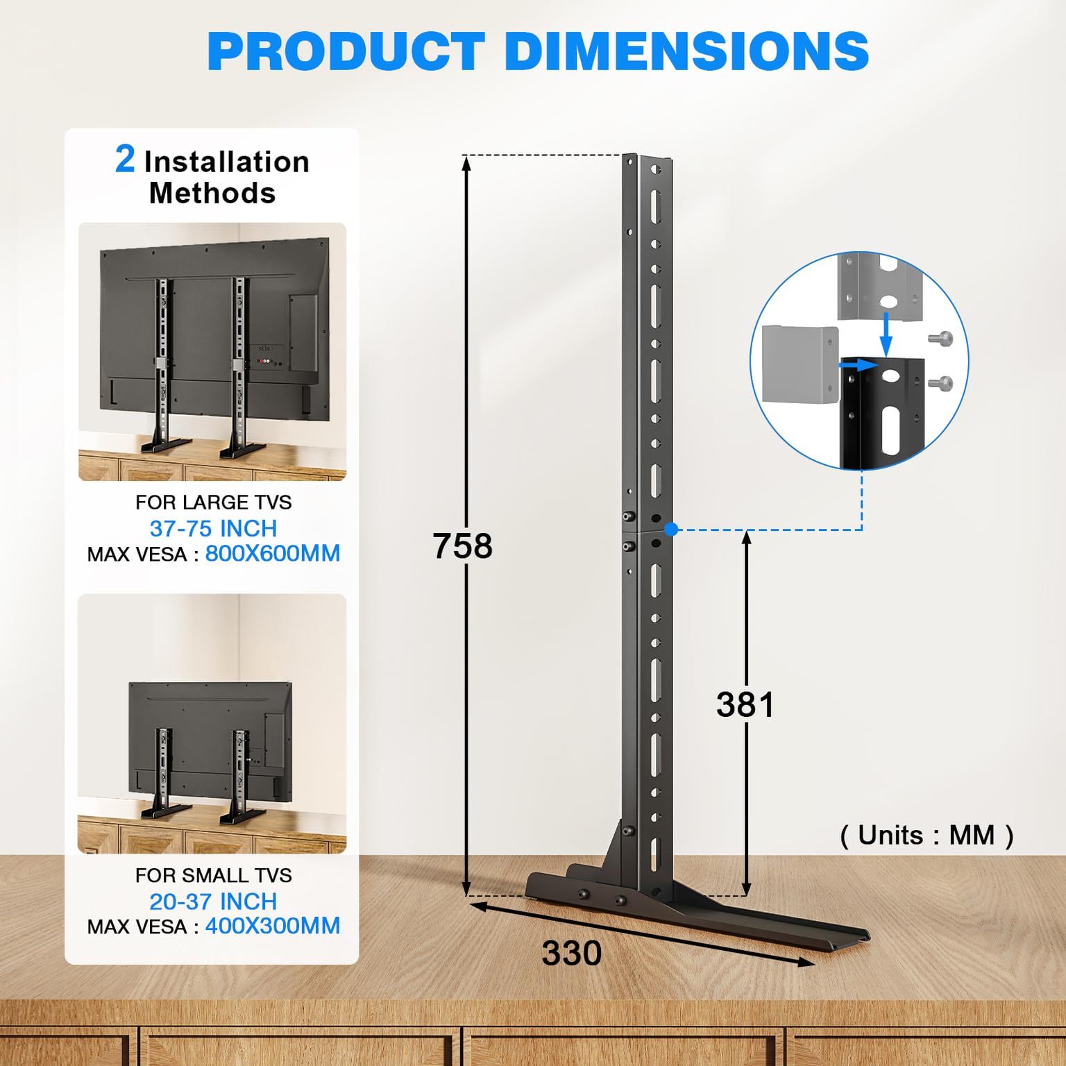 TVON Soporte TV Pie Patas TV Universal de 20-70 Pulgadas Pantallas，Soporte para Television Espacio-ahorrador，Soporte de Pantalla Mesa para TVs Capacidad hasta 50kg，MAX VESA 800x600mm