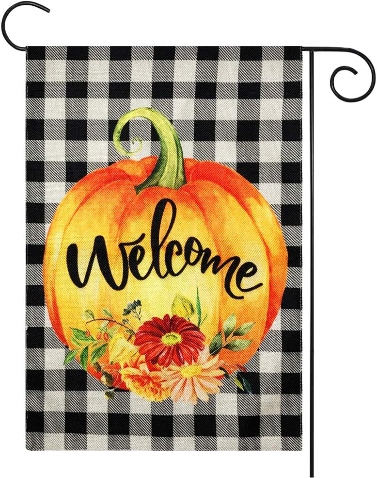 Fall Decor - Fall Decorations - Welcome Pumpkin Fall Garden Flag w Double Sided - 12x18 Inch Buffalo Check Plaid Burlap Flags for Autumn Halloween Thanksgiving Harvest Home Farmhouse Outdoor Yard Sign