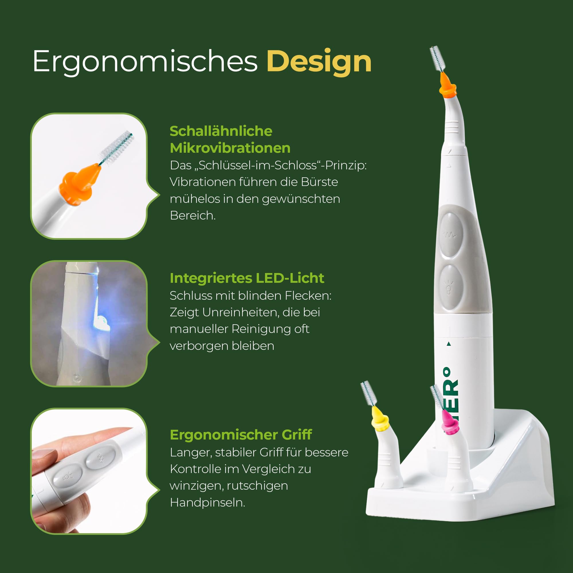 HERo ELECTRA Interdentalbürsten Set-Vibrierende Zahnzwischenraumbürsten mit LED-Licht und Spiegel -11 Wechselbürsten 2 Adapter, Kräuter-Interdentalgel auch für Implantate, Zahnspange