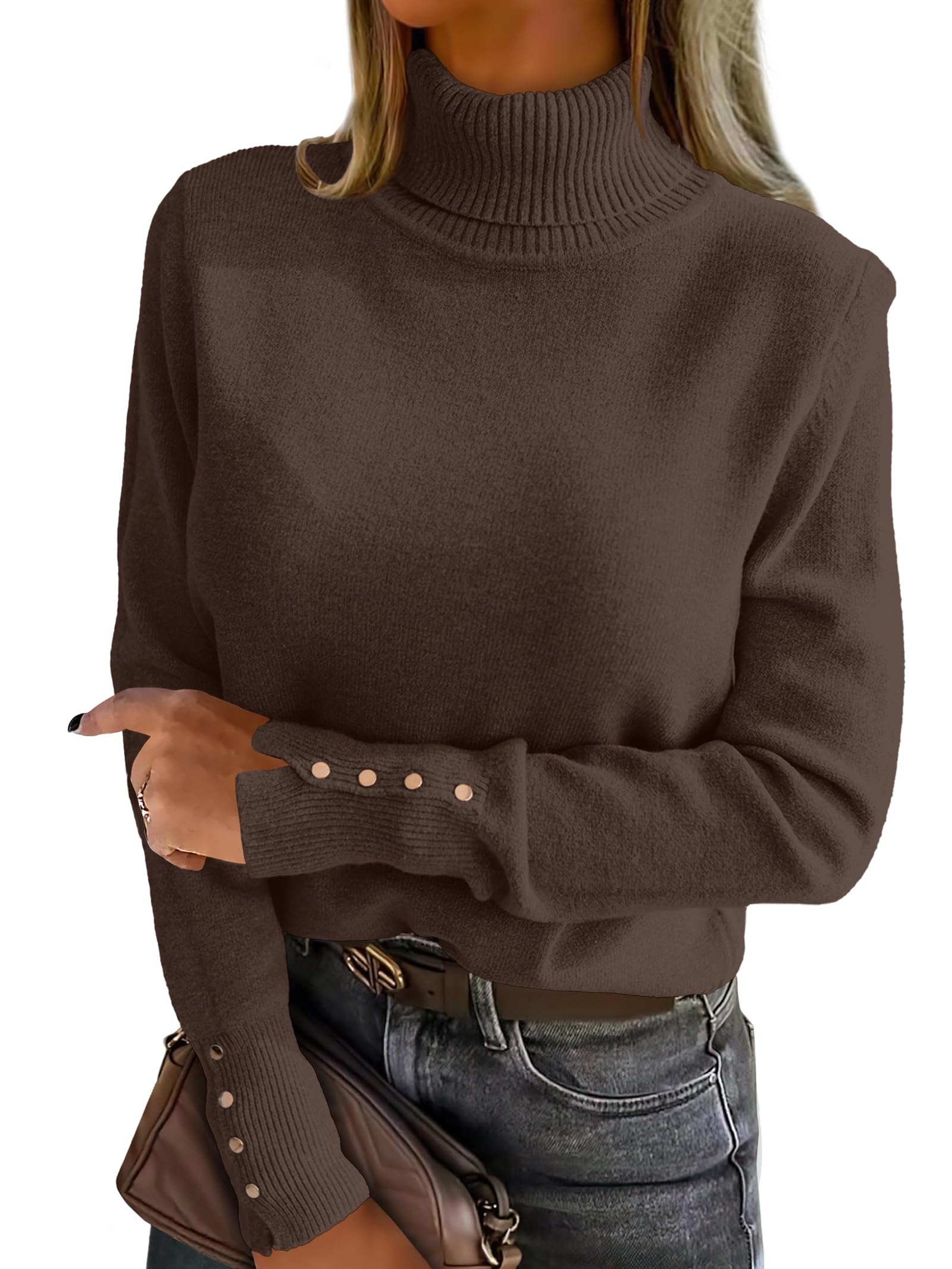 Turtleneck Sweaters for Women Long Sleeve Dressy Casual Soft Knitted Button Pullover Tops 2025 Fall Winter Clothes-image-31