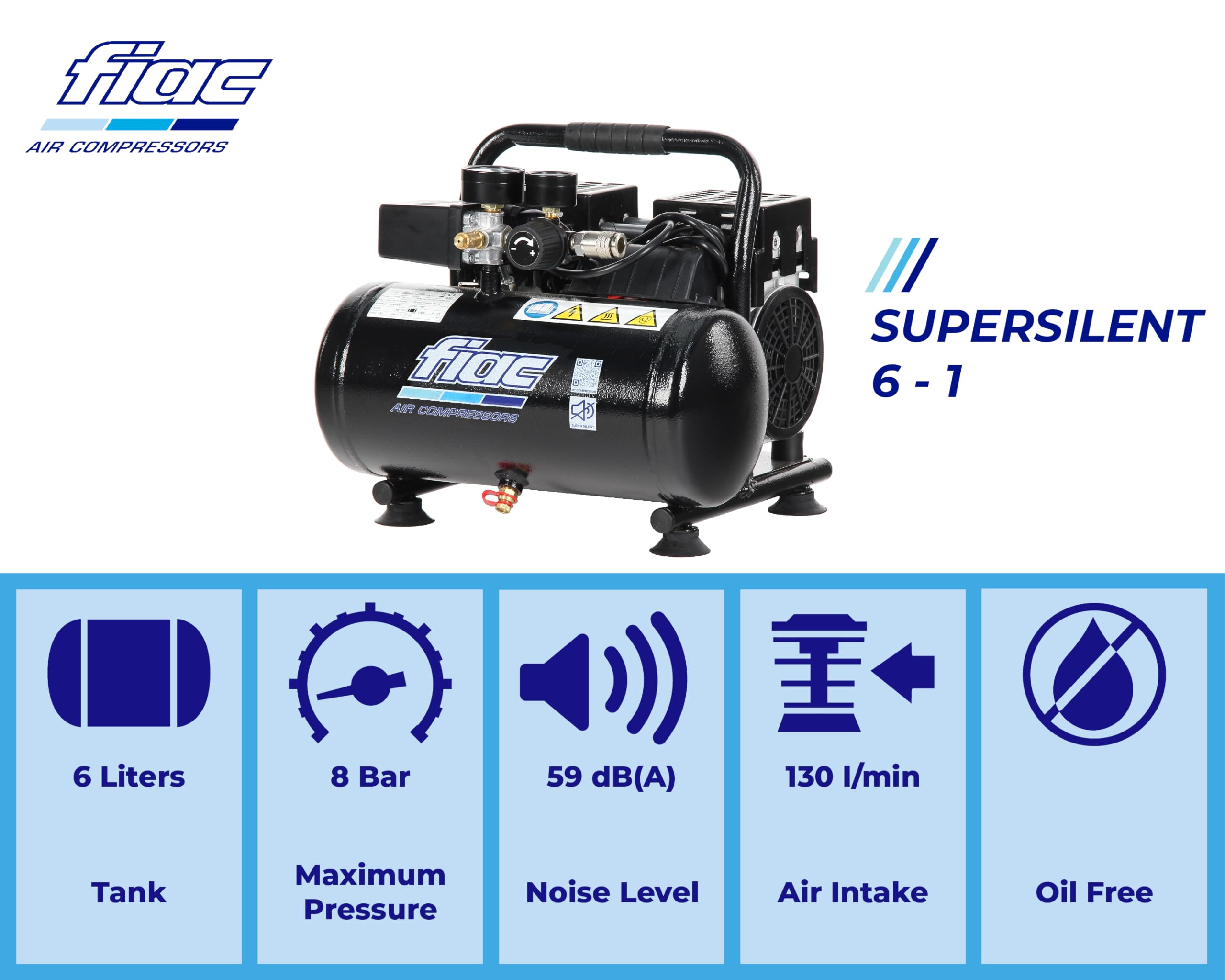 FIAC Tragbarer Luftkompressor SUPERSILENT 6, Ölfrei, Maximaler Druck 8 Bar, 1 PS, 6-Liter-Tank, Geräuschpegel 58 dB LpA