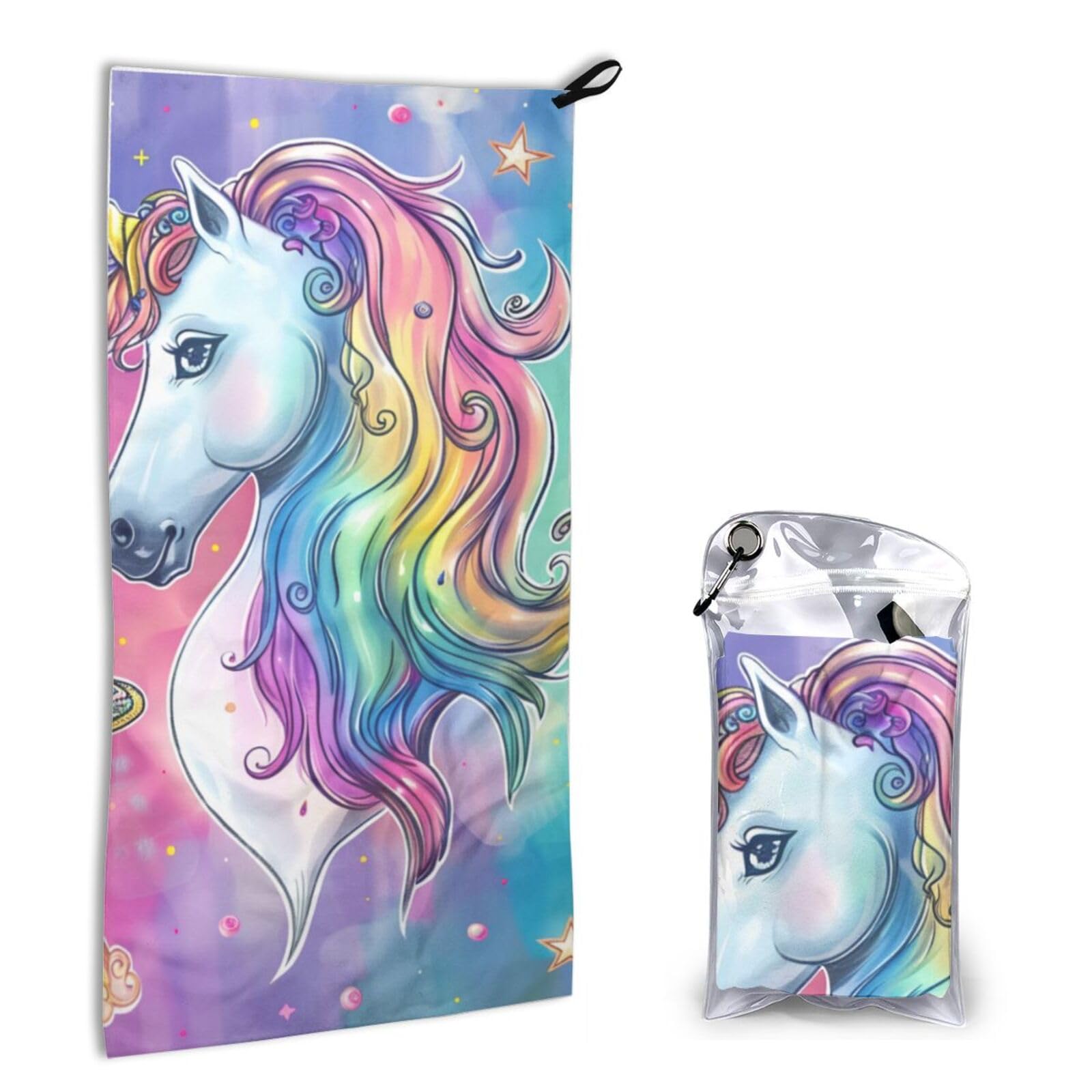 BWWHCCTI Quick Dry Hand Towel With Bag - Rainbow unicorn Printed Super Absorbent Face Cloth Microfiber Travel Sports Towels 40x80cm