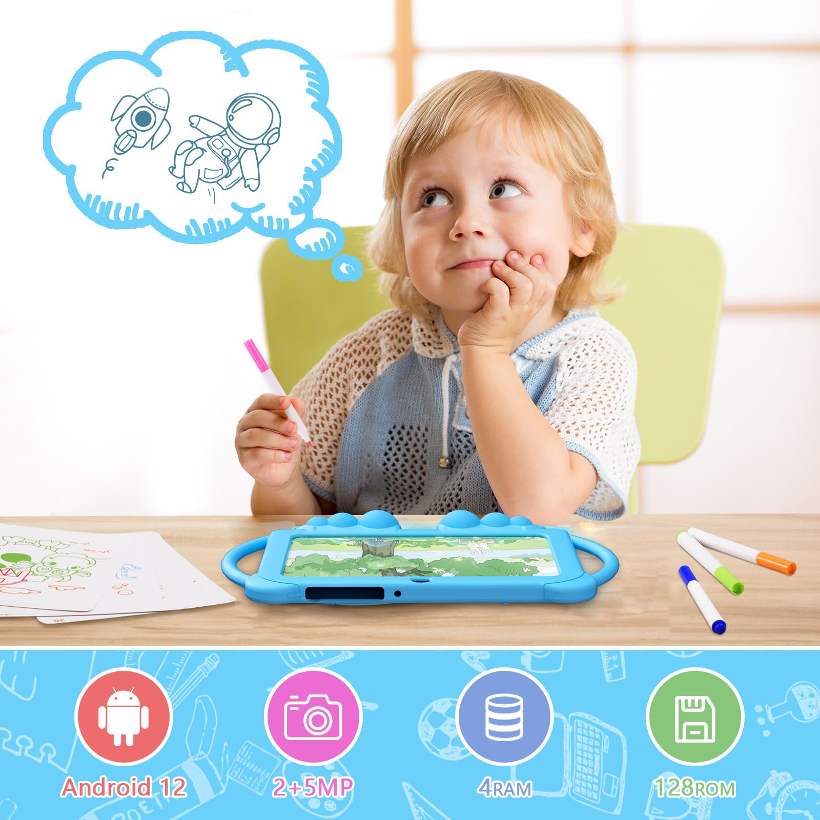 7 Inch Kids Tablet for Kids Android Toddler Tablets Children Tablet for Girls Boys with Protective Cover 32GB+4GB WiFi Bluetooth Dual Camera Educationl Games Parental Control Kids Software.