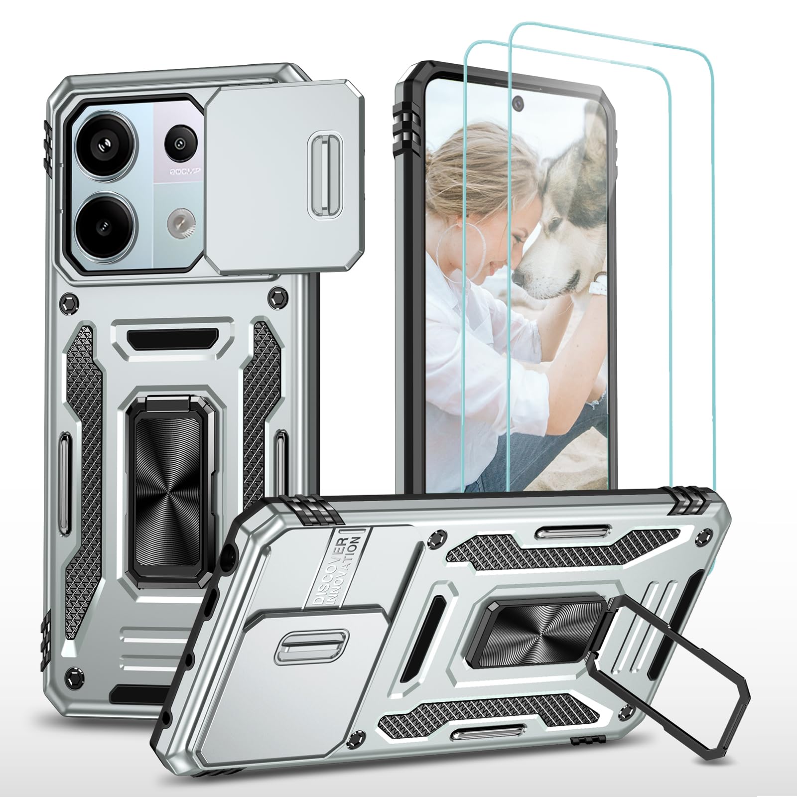 Jeylly for Xiaomi Redmi Note 13 Pro 5G/Poco X6 5G Case with Slding Camera Cover, 360 Rotate Ring Kickstand Work with Magnetic Car Mount Heavy Duty