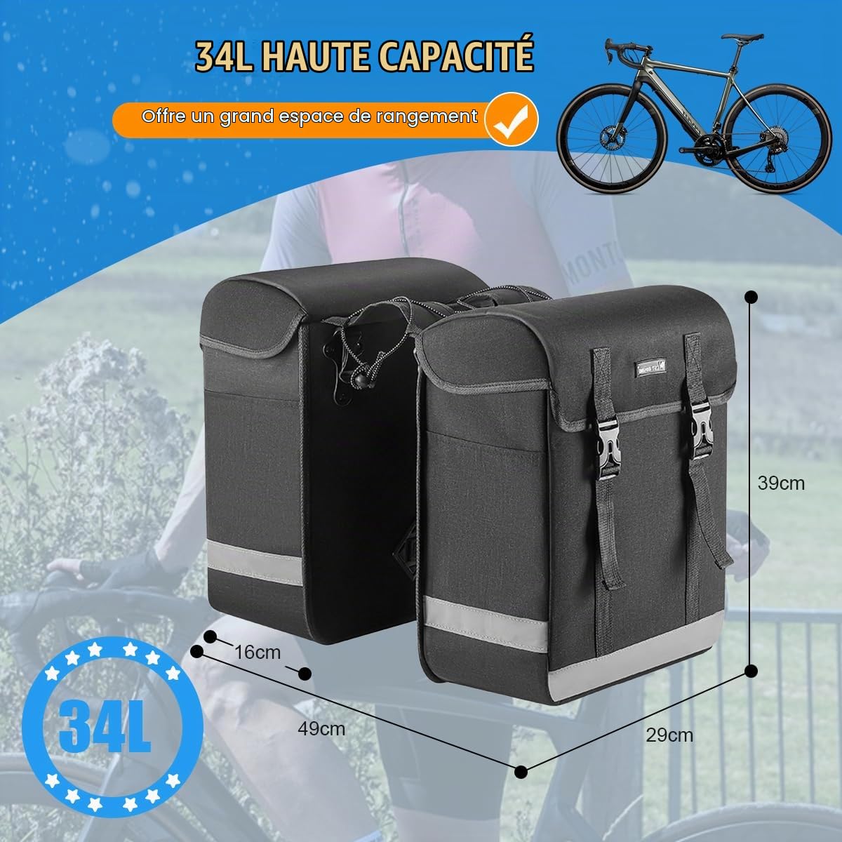 Sacoche Velo Porte Bagage Arriere,Sacoche Velo Arriere 34L à Double Compartiment,Crochets de Suspension et Bandes Velcro pour Une Installation et Un Retrait Rapides