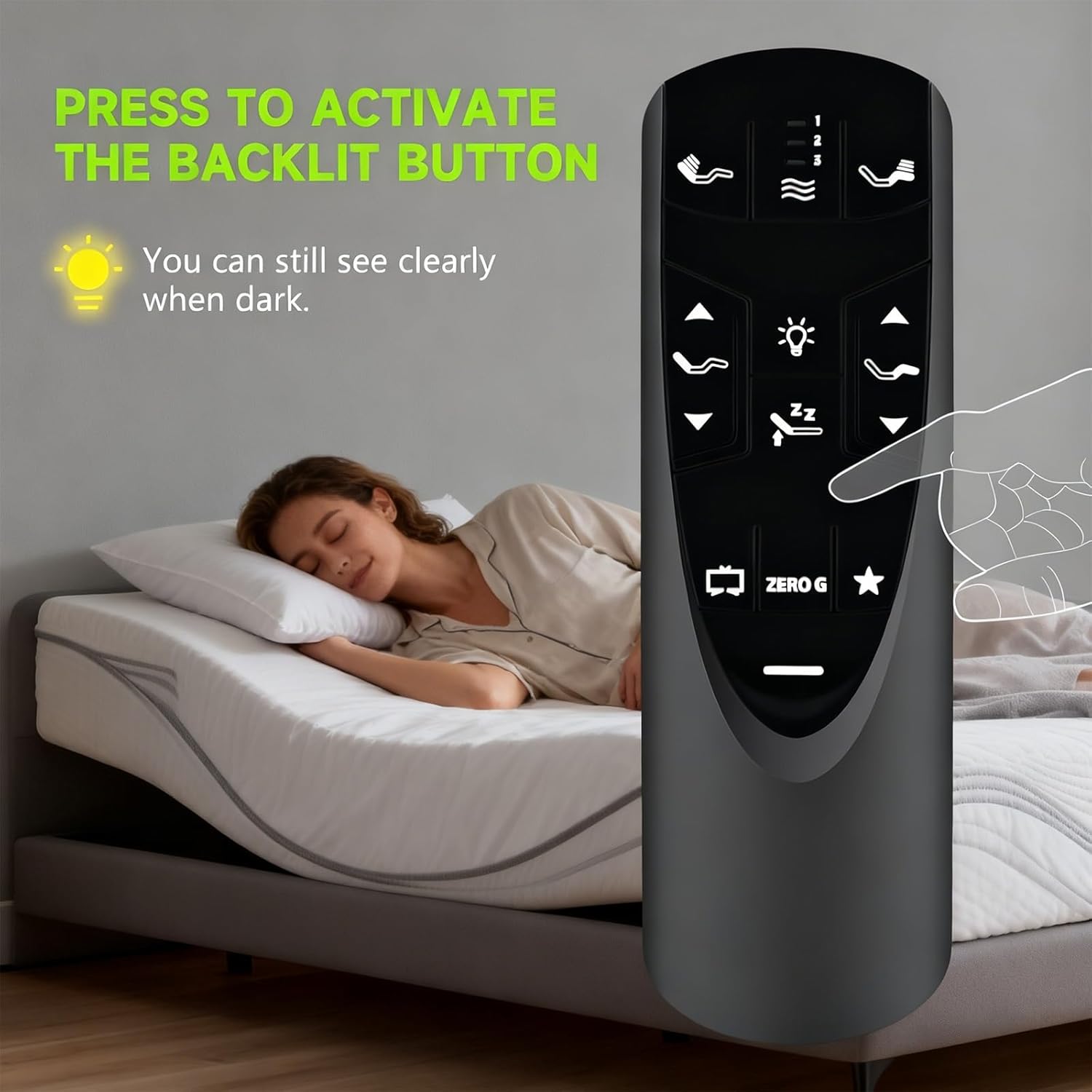 Hand pressing the backlight button on the remote control in a dark room