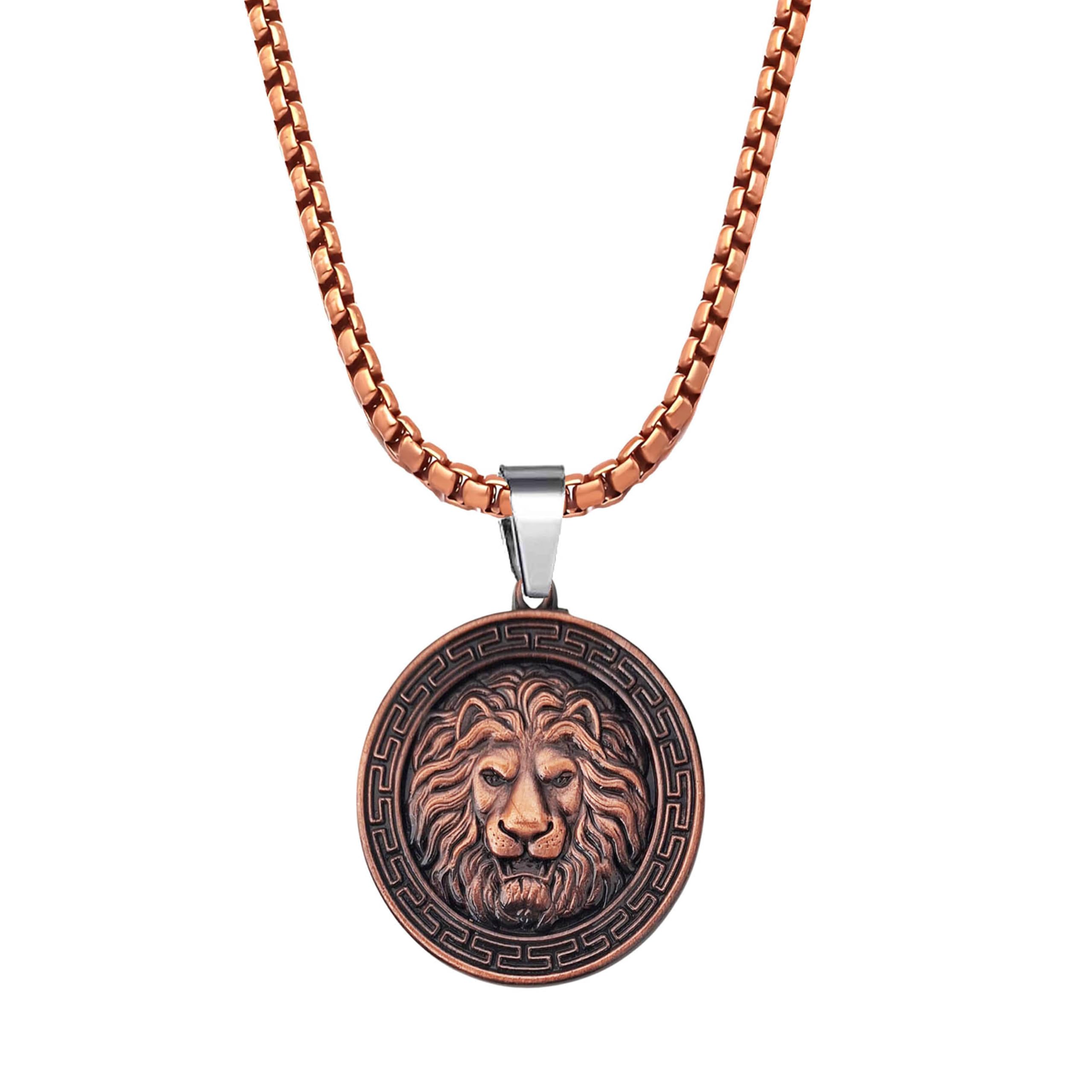 Men’s Lion Head Pendant Necklace – Copper Tone Medallion with Chain, Bold Greek Key Design SPn2025286