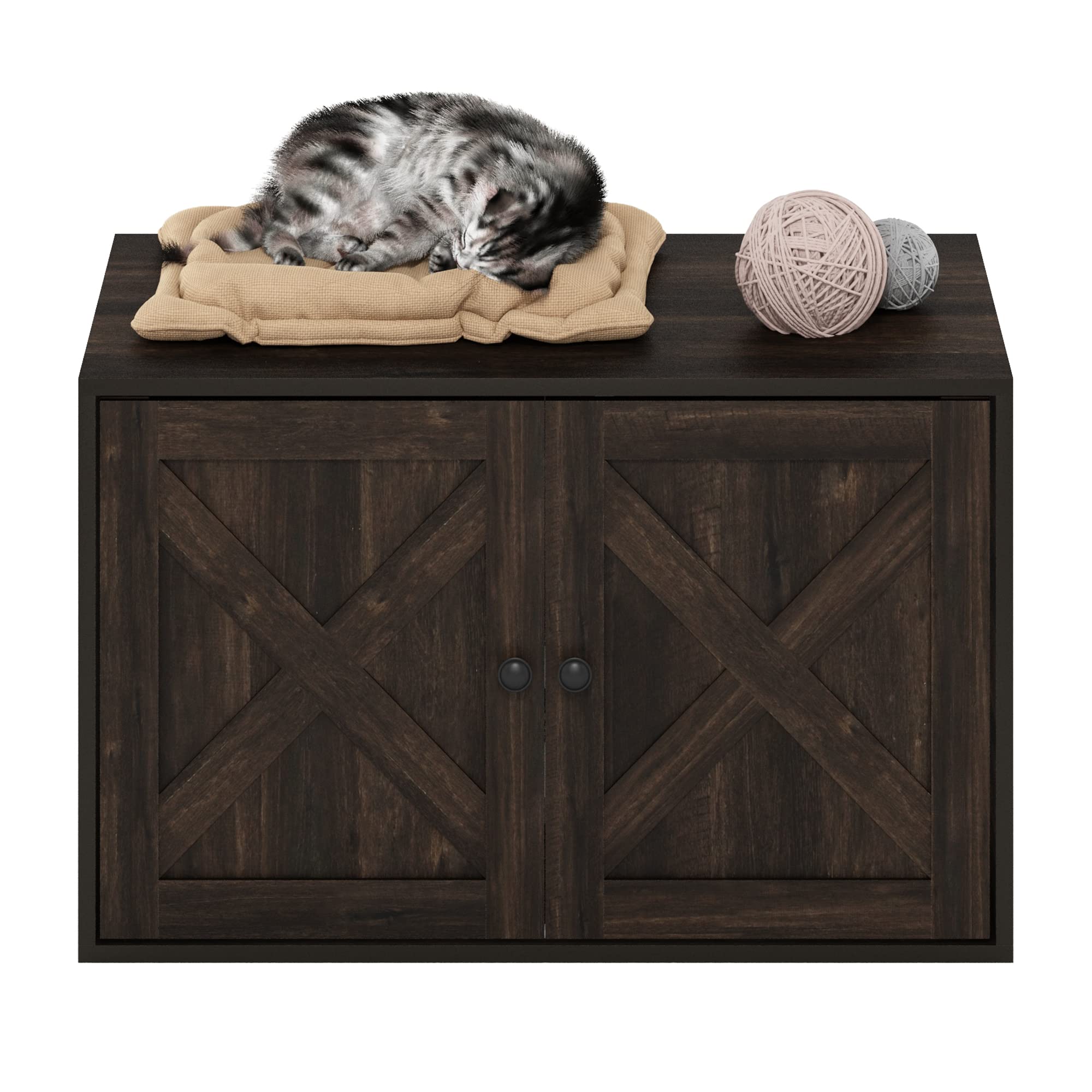 Furinno PELI Verstecktes Katzenstreu mit Seiteneingang, Holzhaus mit Lamellentür, Einfache Montage für Wohnzimmer, Ebenholz