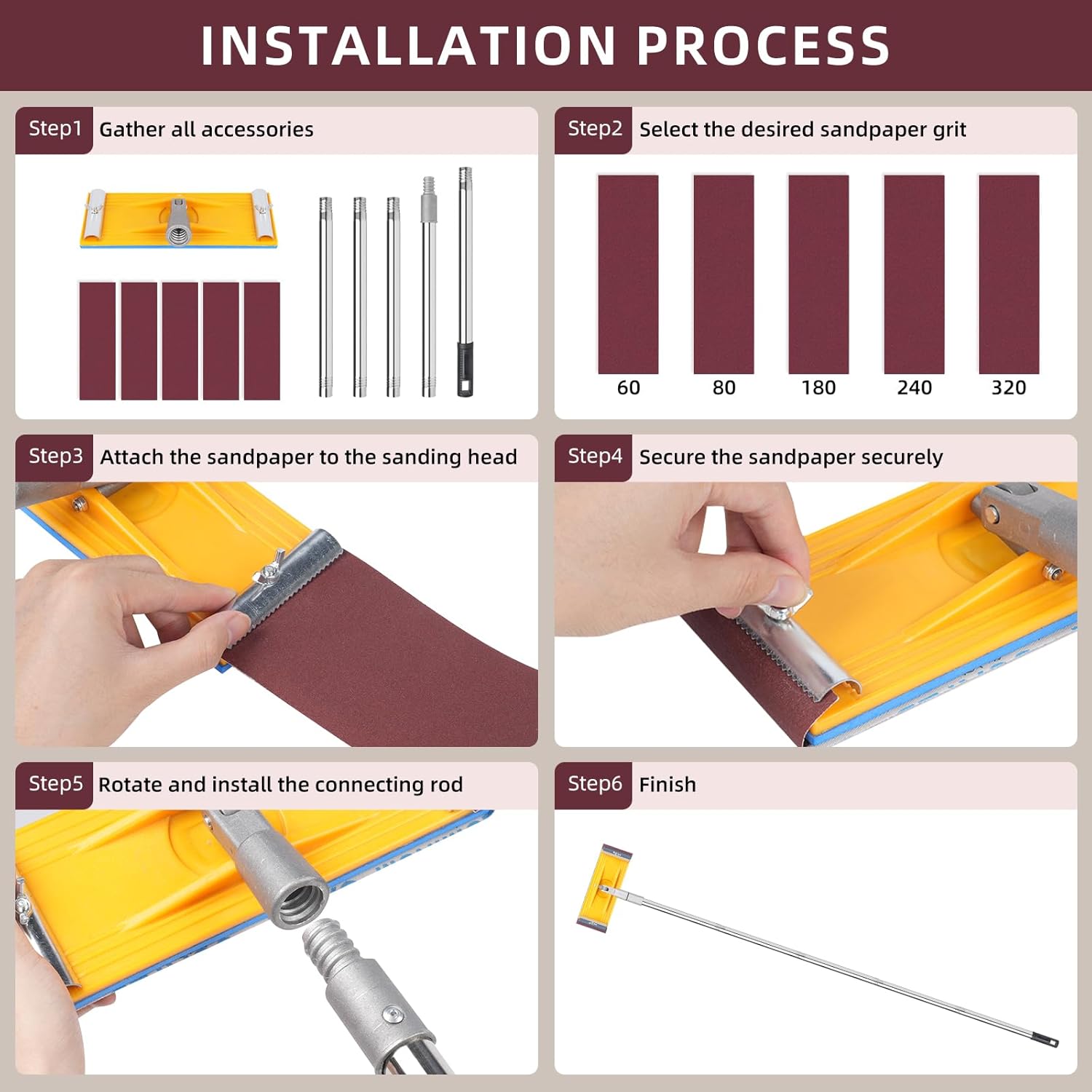 Pole Sander For Drywall Adjustable Extension - Manual Hand Sanding Pole, Wall Sander for Painting Prep, Complete with 15pcs Sanding Sheets, 12-55inch (3 Pieces Each of 60, 80, 180, 240, 320 Grit)