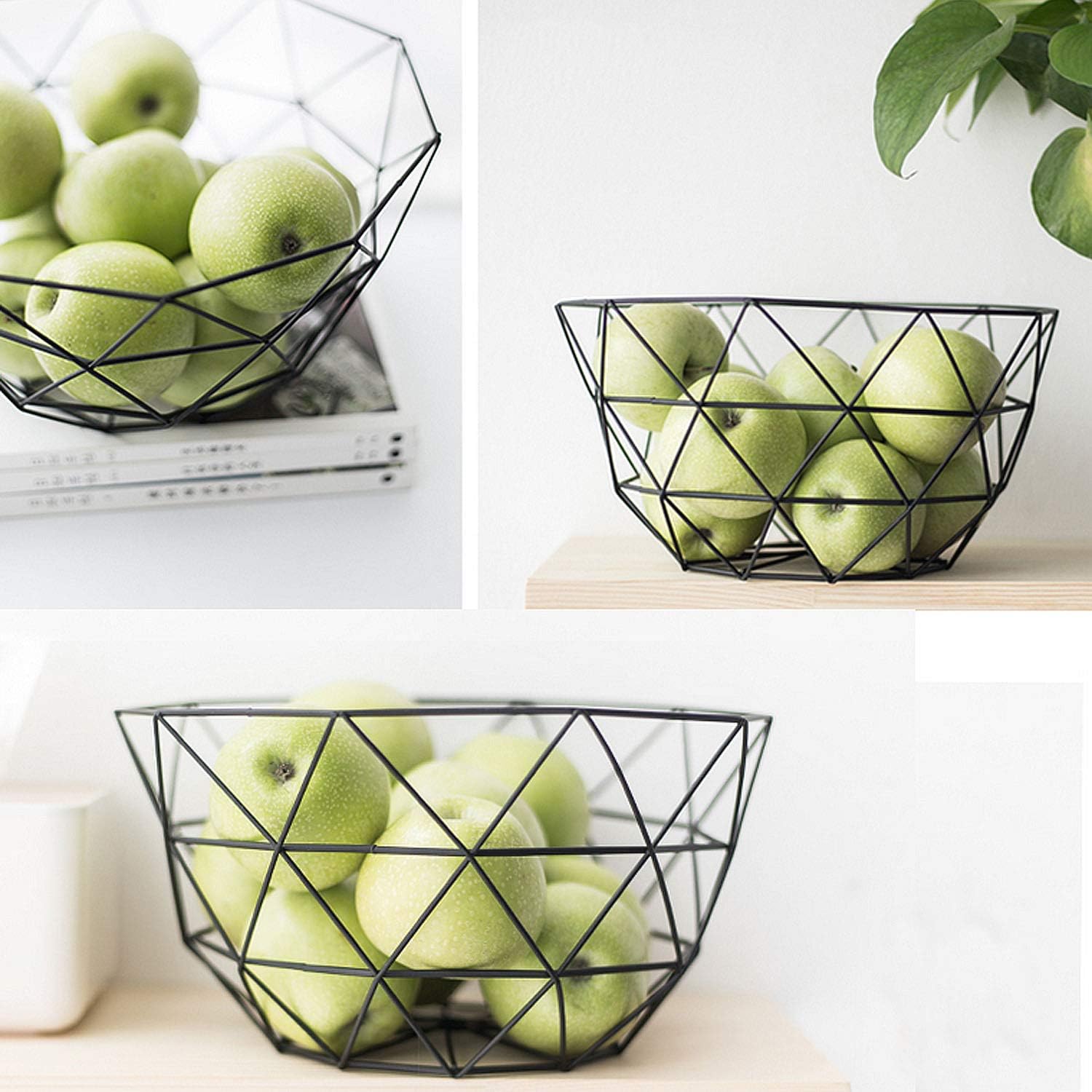 Wire Fruit Basket, Creative Mesh Fruit Dish Basket Bowl, Round Black Large Metal Storage Baskets, Modern Style Container Centerpiece for Vegetables, Bread, Snacks, Potpourris (Black, Large)