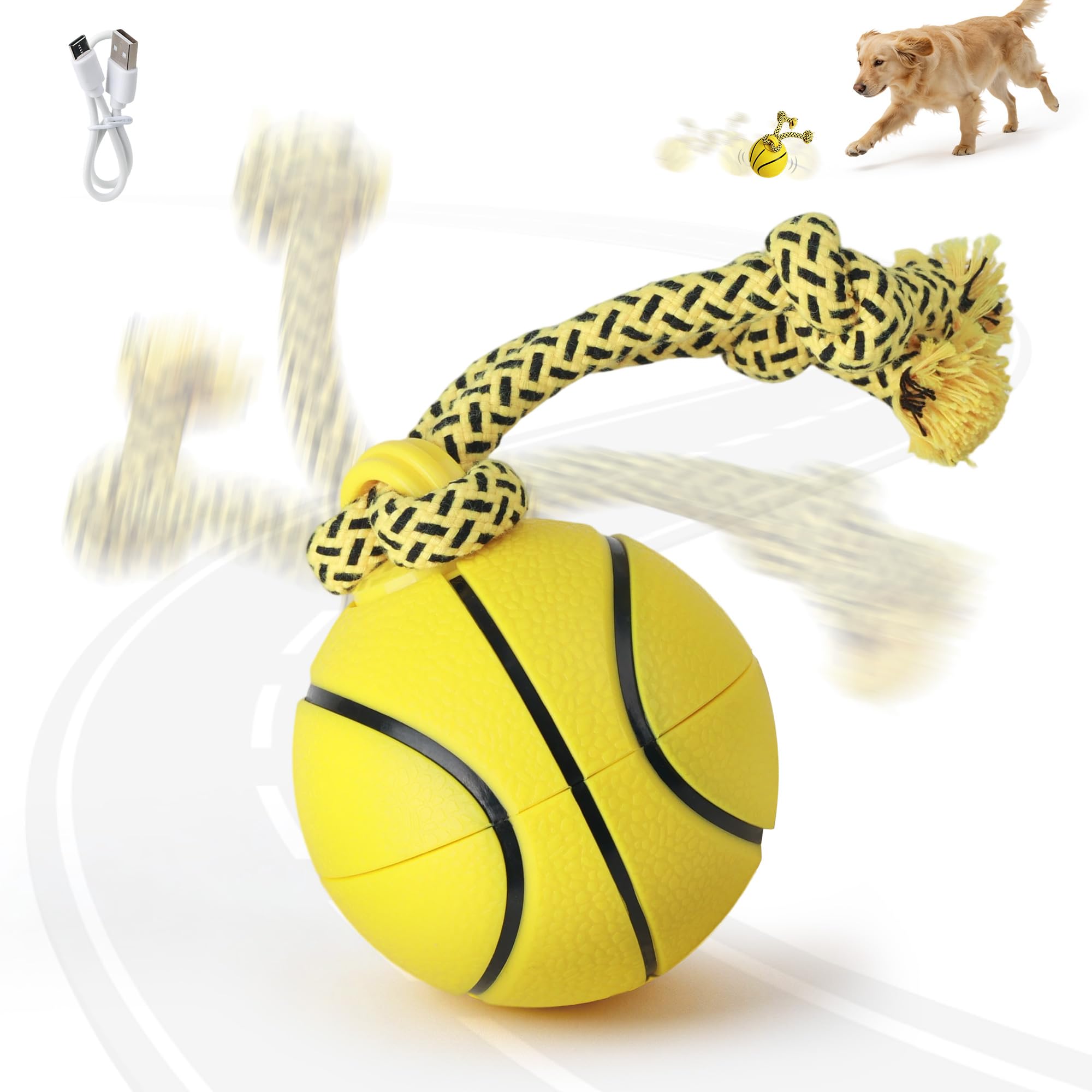Pet Prime Interactive Dog Toys for Boredom Smart Basketball Puppy Chew Ball with Rope and Auto Standby USB Rechargeable Motion-Activated - Fun Exercise Toy for Dogs Indoors & Outdoors