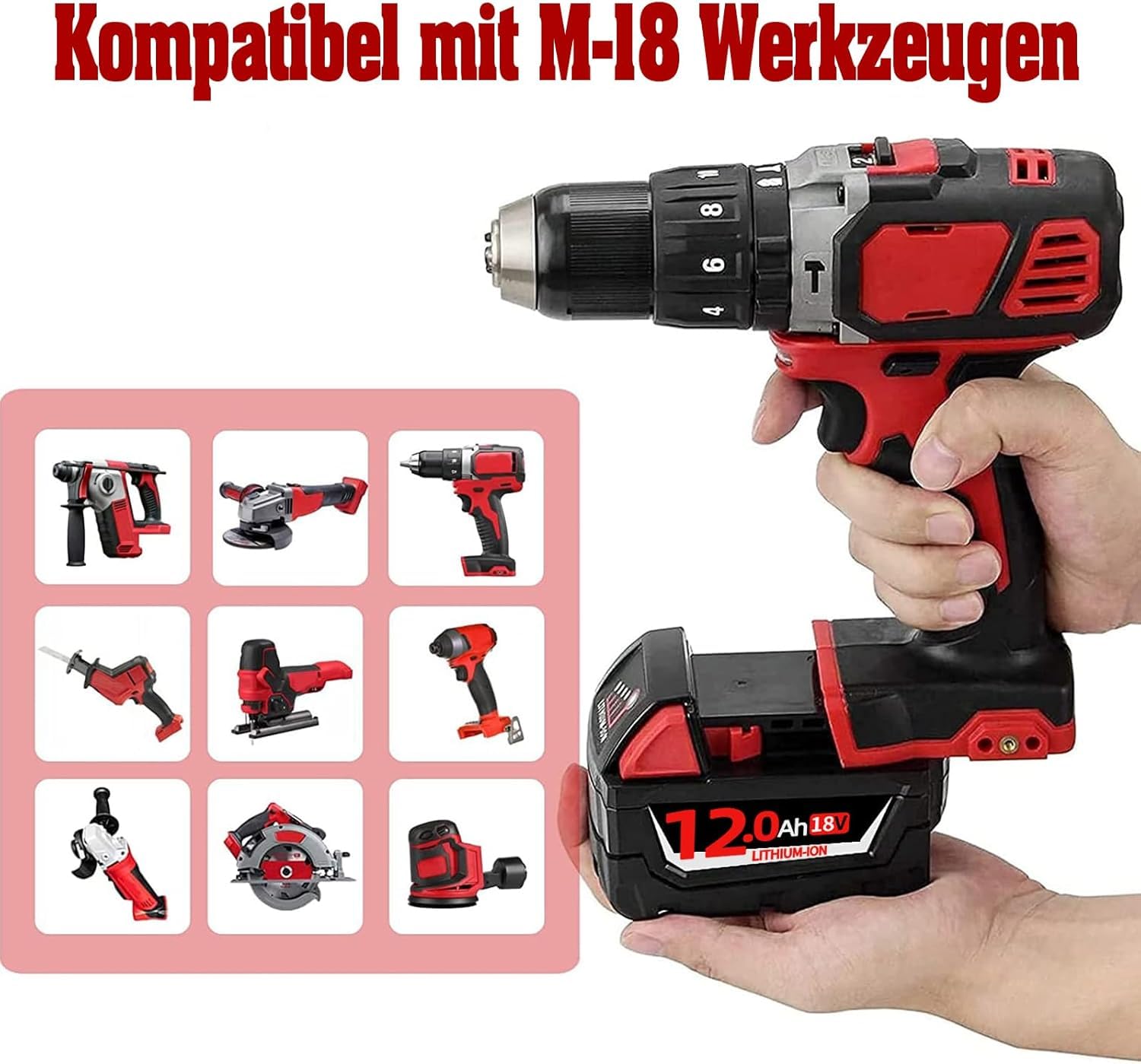 12Ah 18V Ersatzakku für Milwaukee M18 Akku Pack mit M18 Ladegerät Kompatibel mit Milwaukee M18 Lithium Akku 48-11-1890,48-11-1850, 48-11-1828, 48-11-1820,48-11-1815 Cordless Tools (12.0-2)