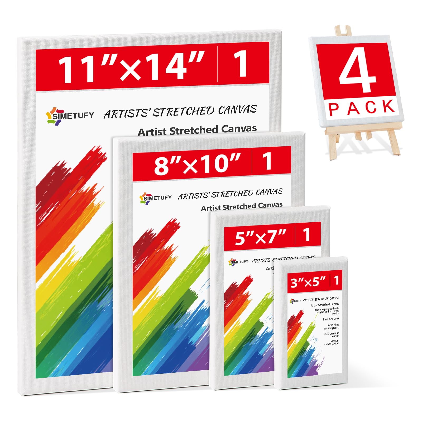 Simetufy 4 Pack Stretched Canvas for Painting 4 Sizes 3X5, 5x7, 8x10, 11x14 Canvases Set Artist Framed Canvas Board, 100% Cotton for Oil Acrylic Watercolor Paint for Kids