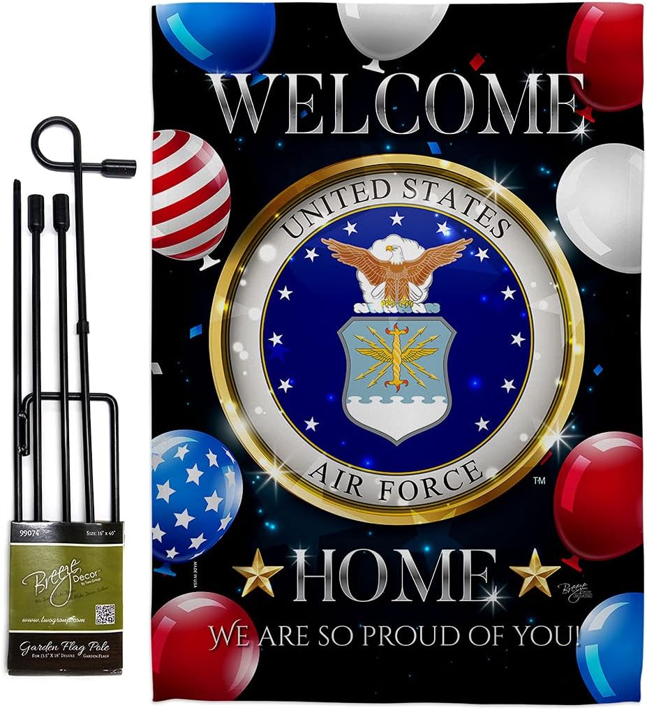 Breeze Decor Welcome Home Air Garden Flag Set with Stand Armed Forces USAF United State American Military Veteran Retire Official House Banner Small Yard Gift Double-Sided, Made in USA