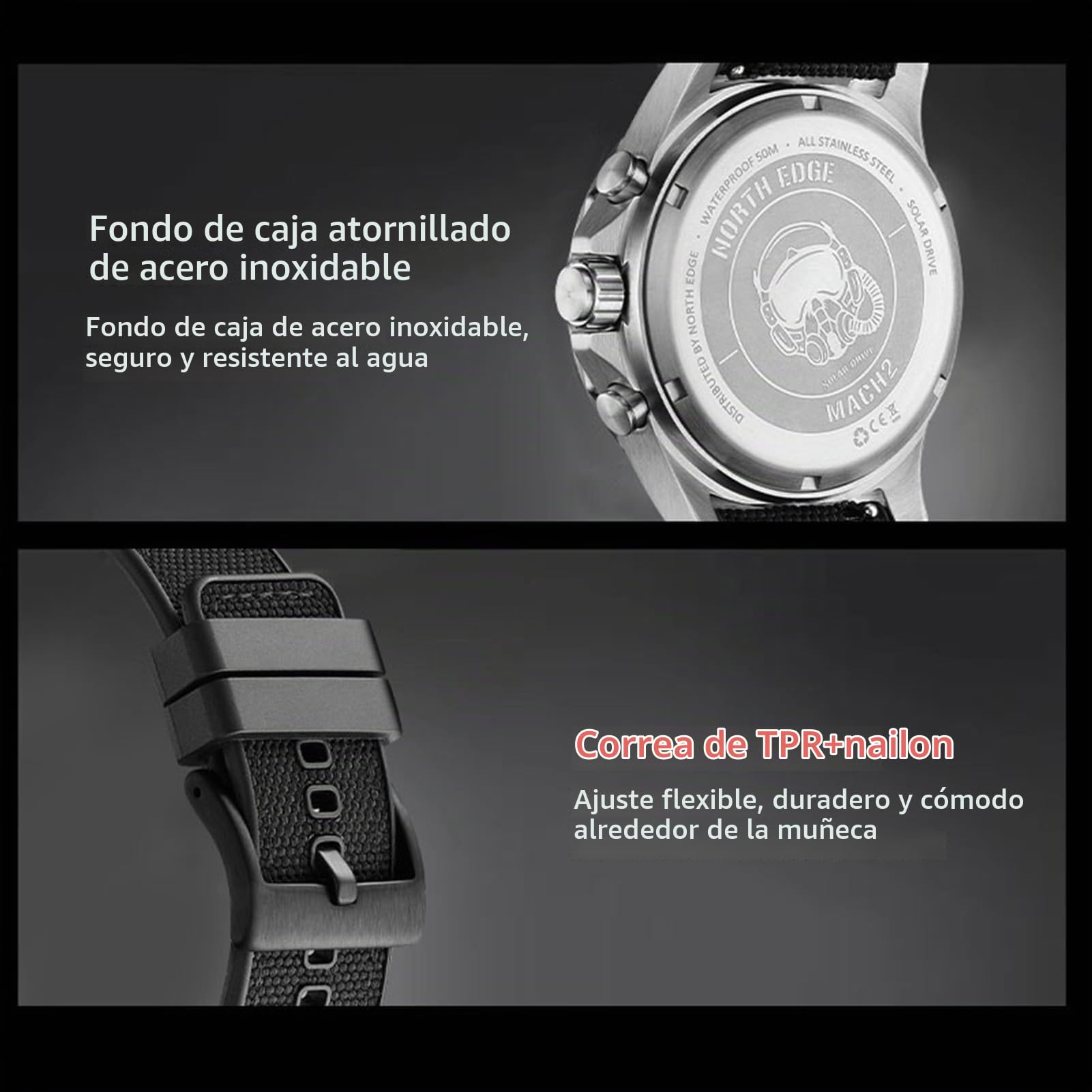 Lixada Reloj solar North Edge para hombre, acero inoxidable, cronógrafo electrónico, carga solar, 180 días, reserva de energía