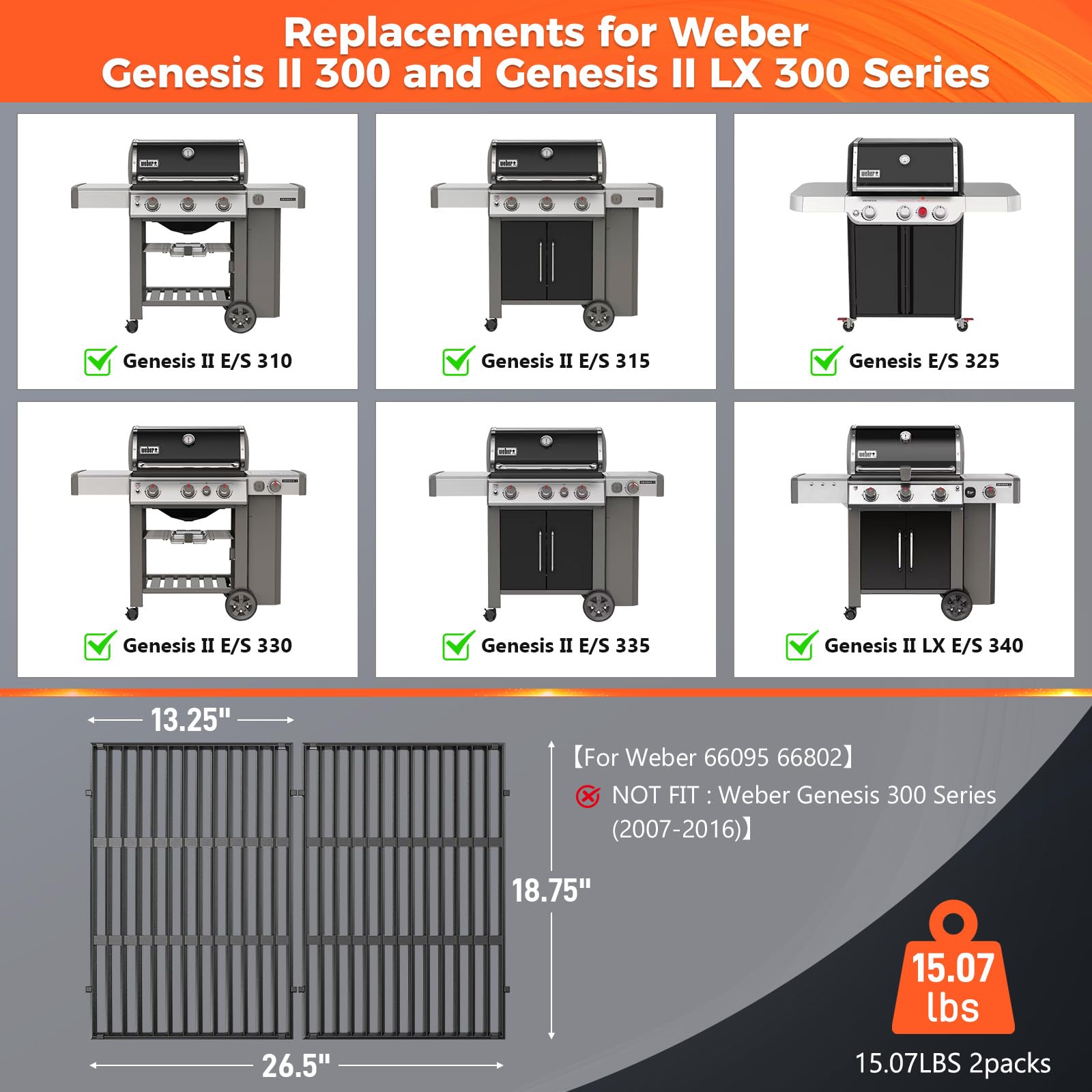 QuliMetal 66095 żeliwne ruszty do gotowania do grilla gazowego Weber Genesis II i Genesis II LX 300, 2 sztuki, 47,6 x 33,7 cm
