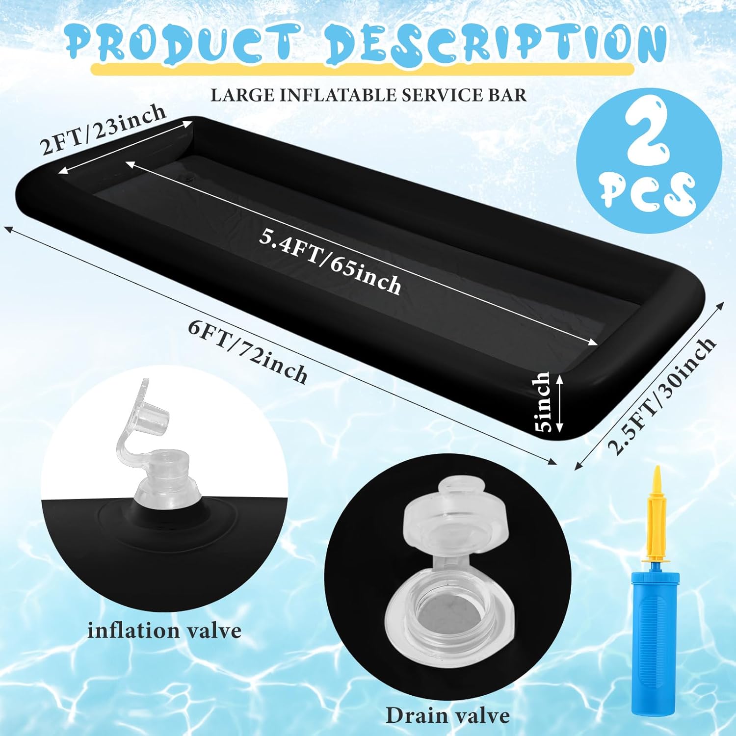 Large Inflatable Serving Bar 72 x 30 x 5'' Inflatable Ice Serving Buffet Bar Inflatable Cooler Ice Buffet Salad Serving Trays with Drain Plug for Pool Outdoor Party Picnic (Black,2 Pack)
