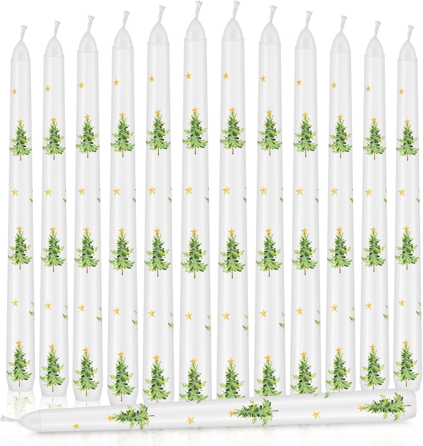 Threlaco 12 Pcs Christmas Taper Candles 10 Inch, Green White Tree Pattern