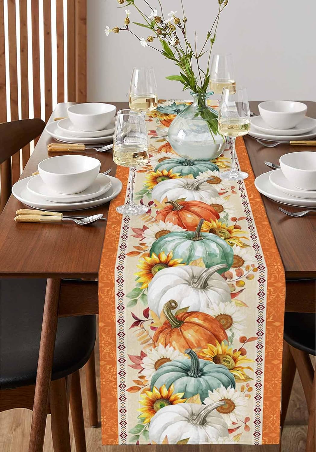 Pumpkins Sunflower Table Runner 13"x120" Thanksgiving Sage Green Orange Pumpkin Cotton Linen Table Runners Fall Leaves Sunflower Table Cover Dresser Scarves for Kitchen Dining Holiday Party Wedding