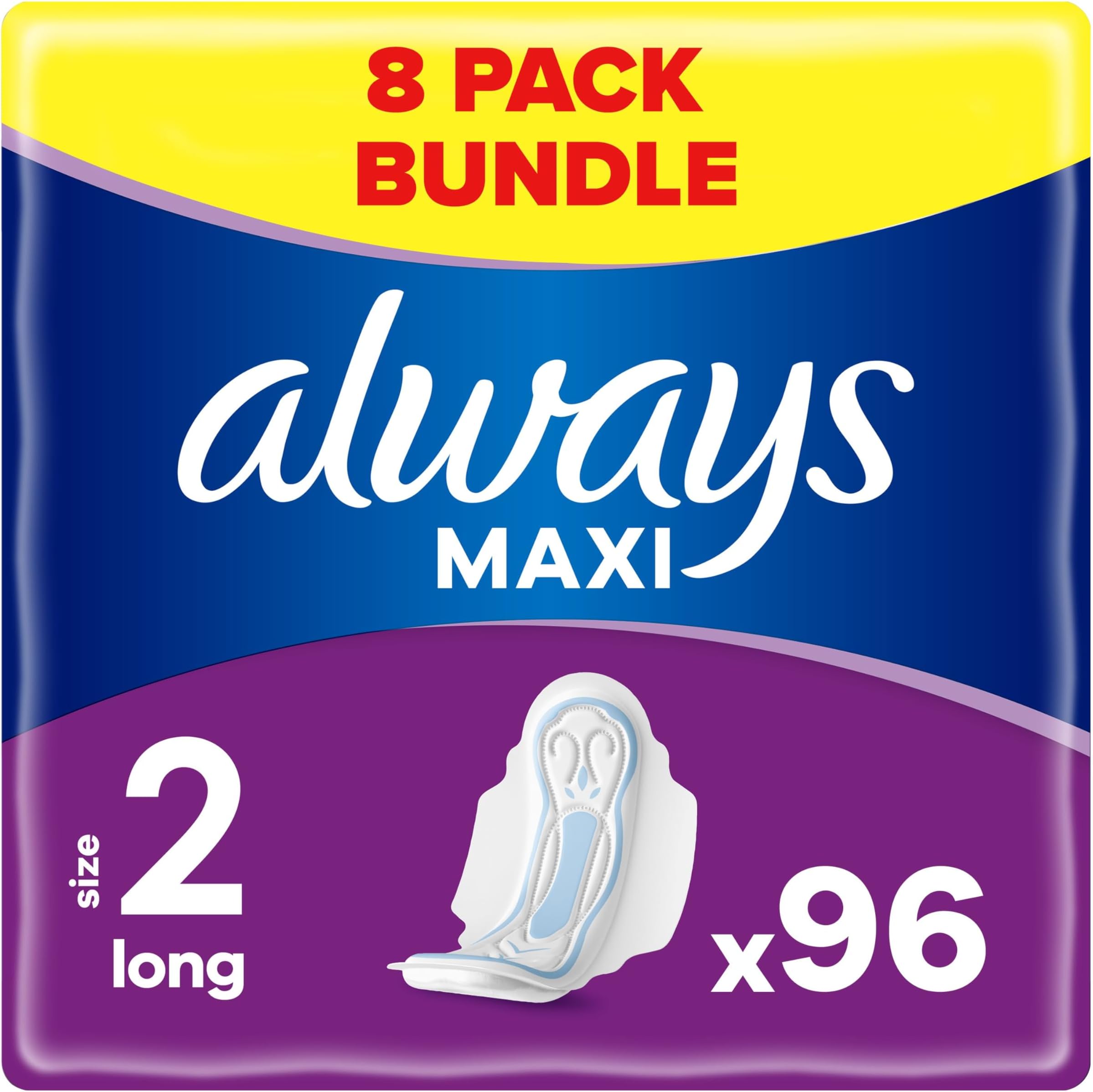 Maxi Sanitary Towels with Wings, Size 2, Long, 96 Towels (12 x 8 Packs), Anti-leakage Barriers, Protection & Comfort