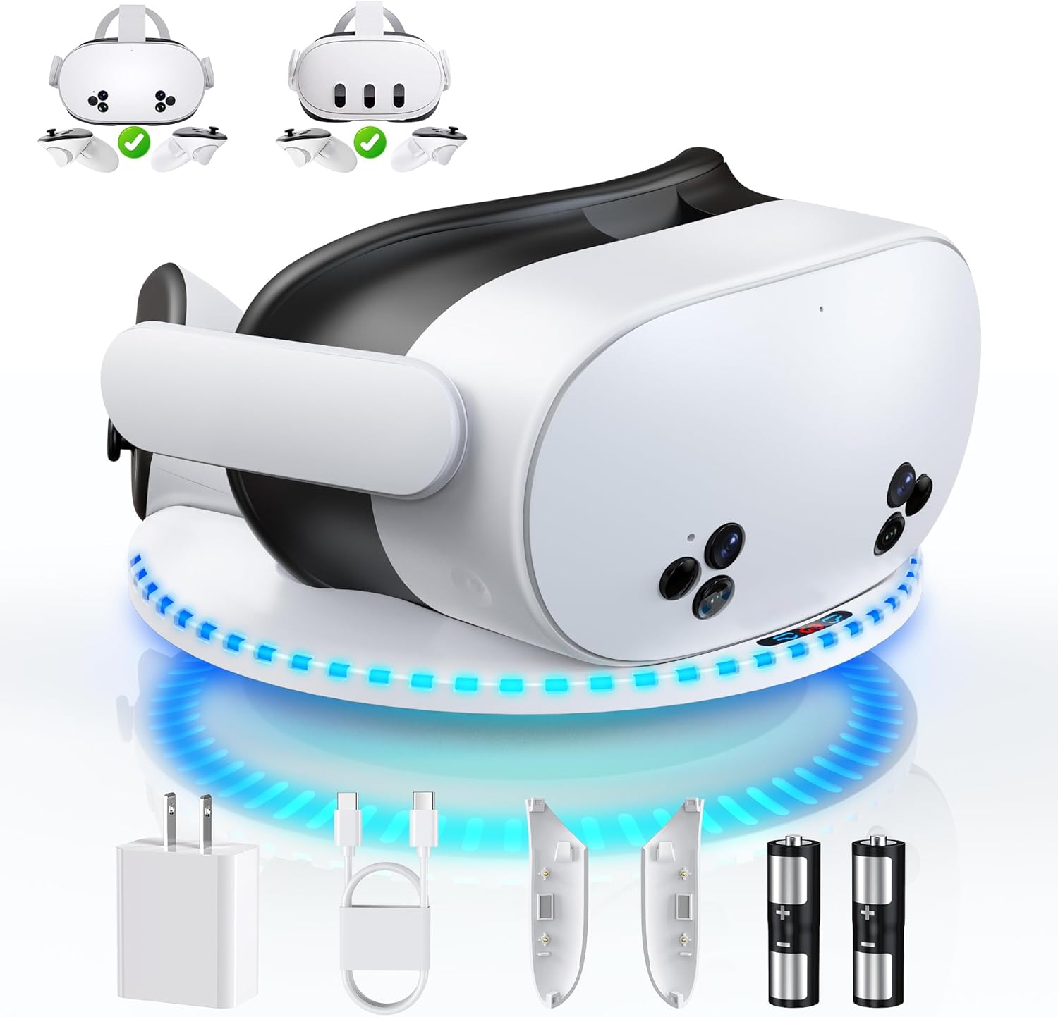Charging Dock for Meta Quest 3 & Quest 3S, Kinwin 30W Fast Charging Station for Oculus Quest 3S Accessories with RGB Light, VR Charger Stand for Headset and Controller with 2 Rechargeable Batteries