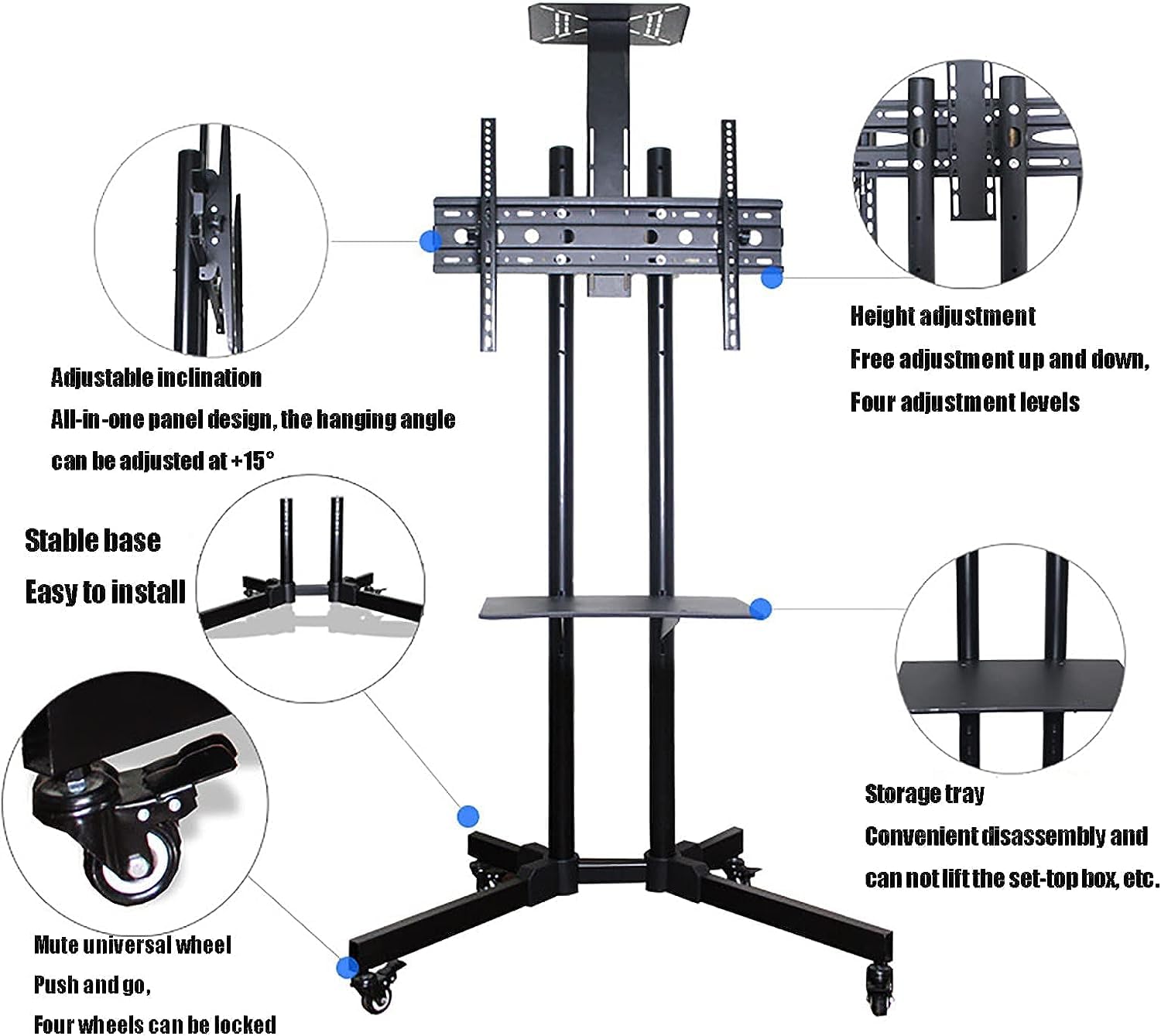 TABOJS Supporto TV Mobile TV Mobile per Monitor da 3265 Pollici Ruote silenziose ad Altezza Regolabile Supportano Fino a 60 kg Perfetto per Uso Domestico e in Ufficio