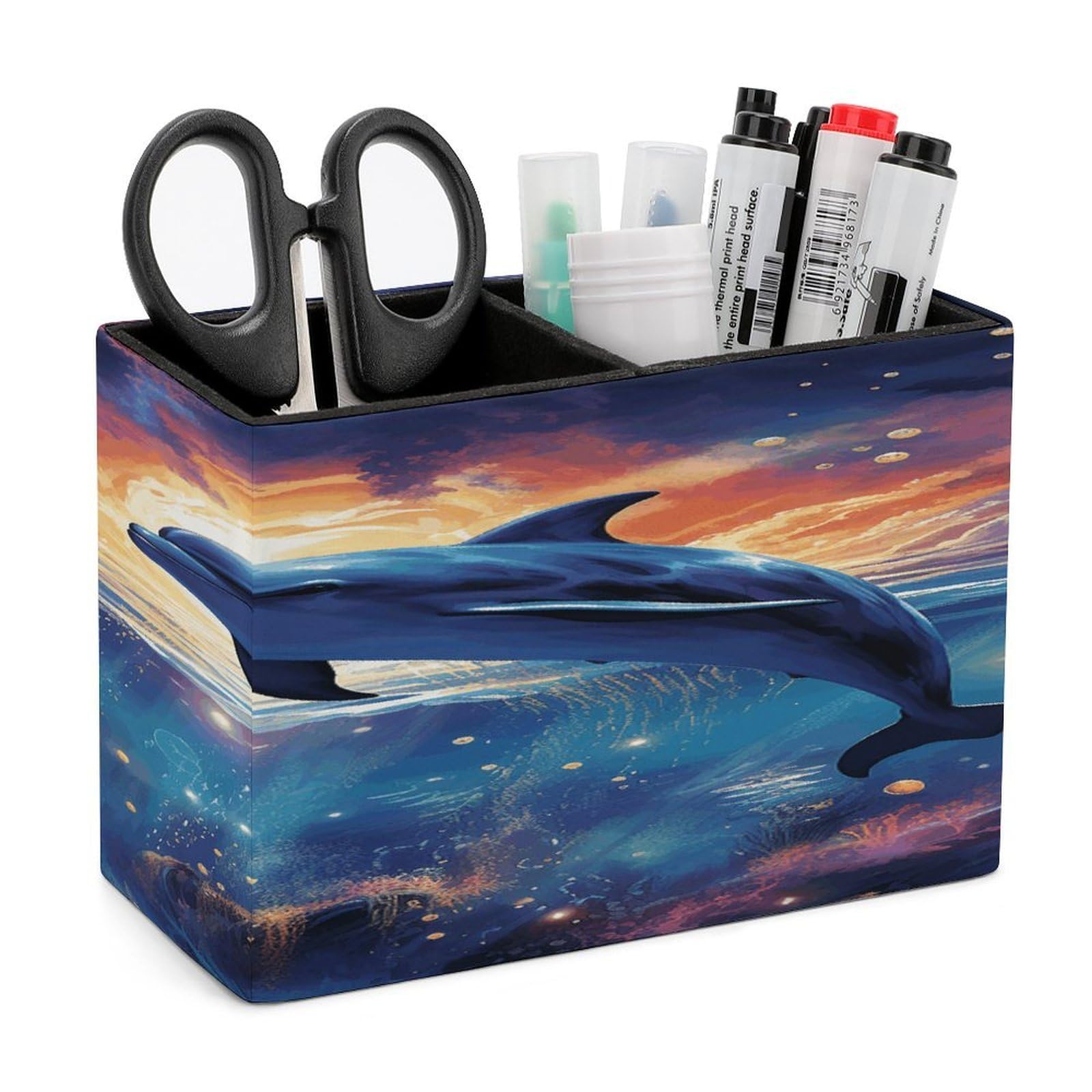 VstaDank Colorful Starry Sky Ocean Dolphin Pen Holder Double Compartments Pen Cup Fashion Makeup Brush Holders Leather Pencil Holder for Work Locker Accessories Modern Pencil Cup for Desk Organizer