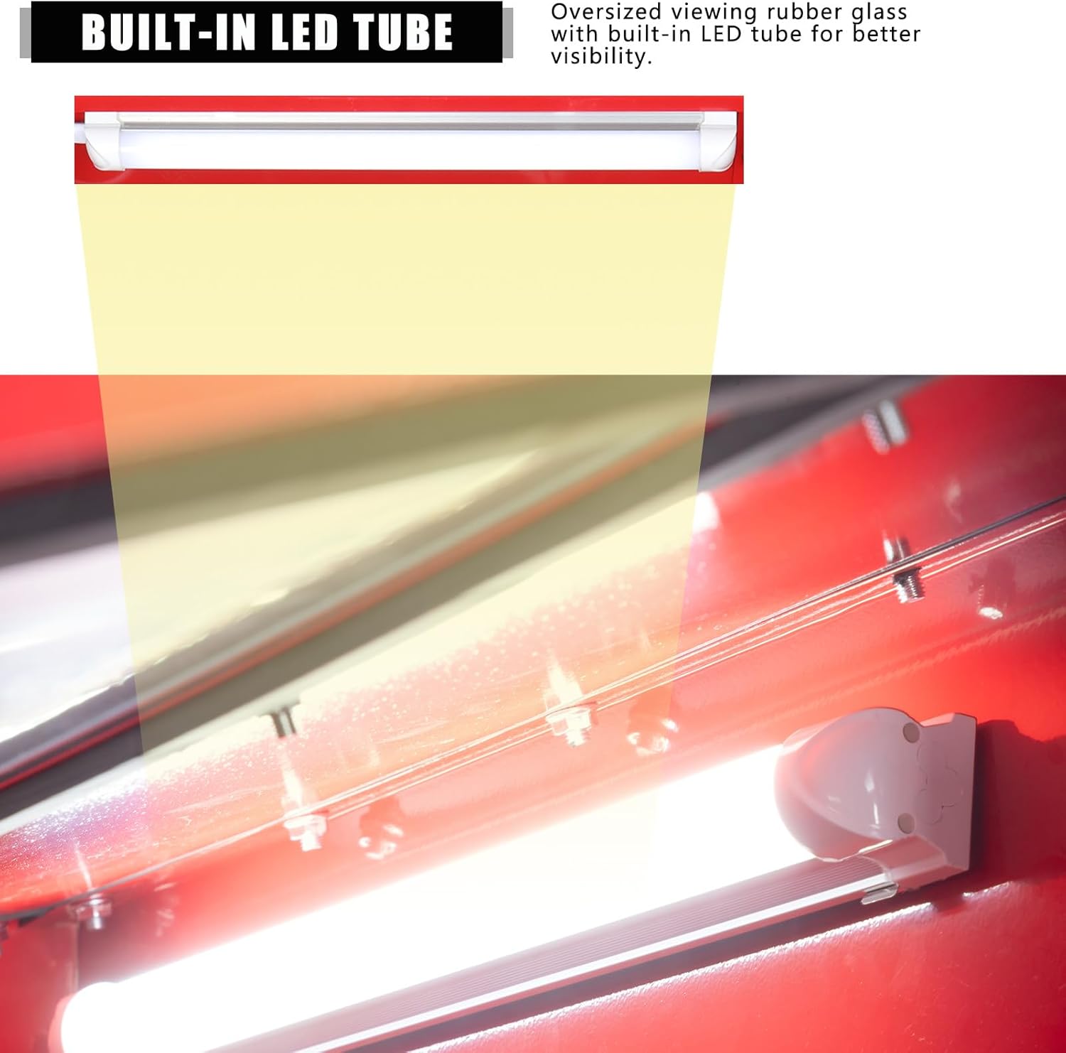 Close-up of the sandblasting cabinet's built-in LED tube illuminating the interior