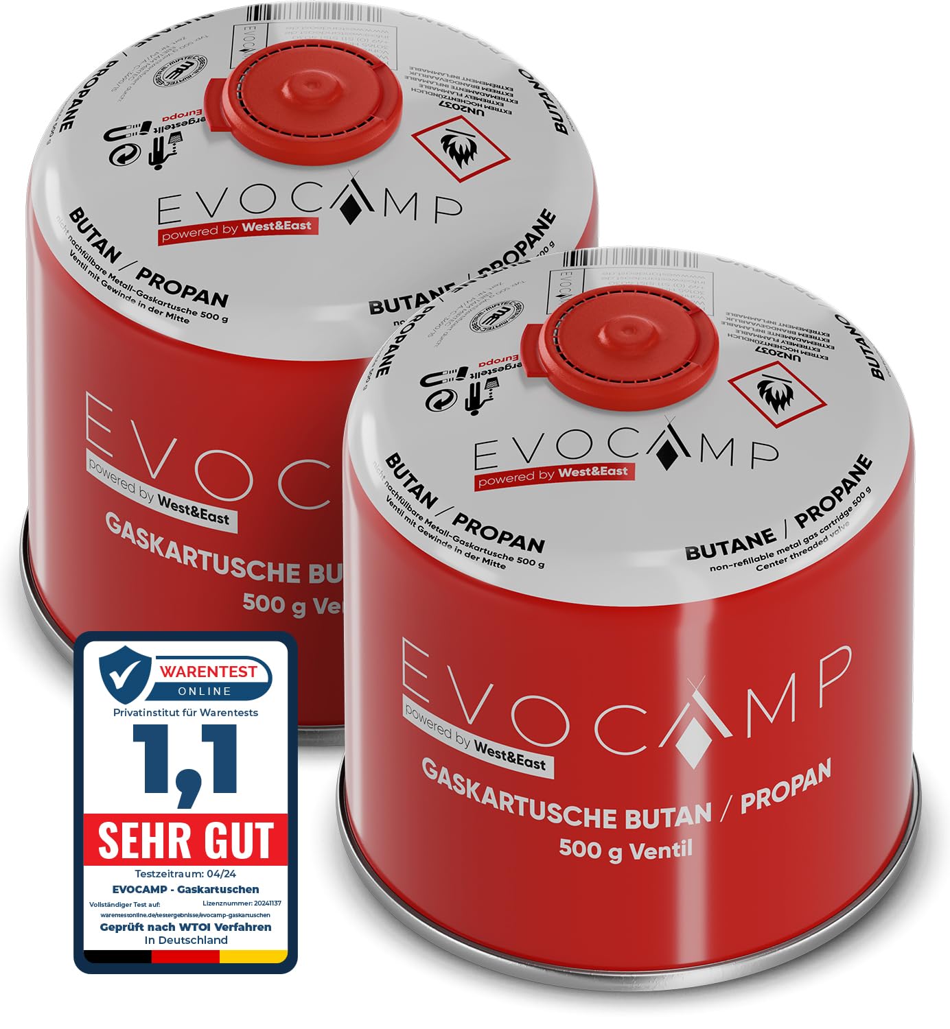 2X Cartucce di gas butano da 500g, cartuccia a vite con gas butano/propano 899 ml, cartuccia di gas conforme alla norma EN 417, cartuccia a valvola con chiusura a vite