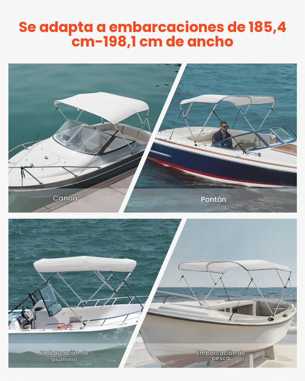 VEVOR Toldo Bimini para Barco de 3 Arcos, Poliéster 600D con Estructura de Aleación de Aluminio, Impermeable, Protección Solar, con Bolsa de Almacenamiento, 183 x 185-198 x 117 cm, Gris Claro