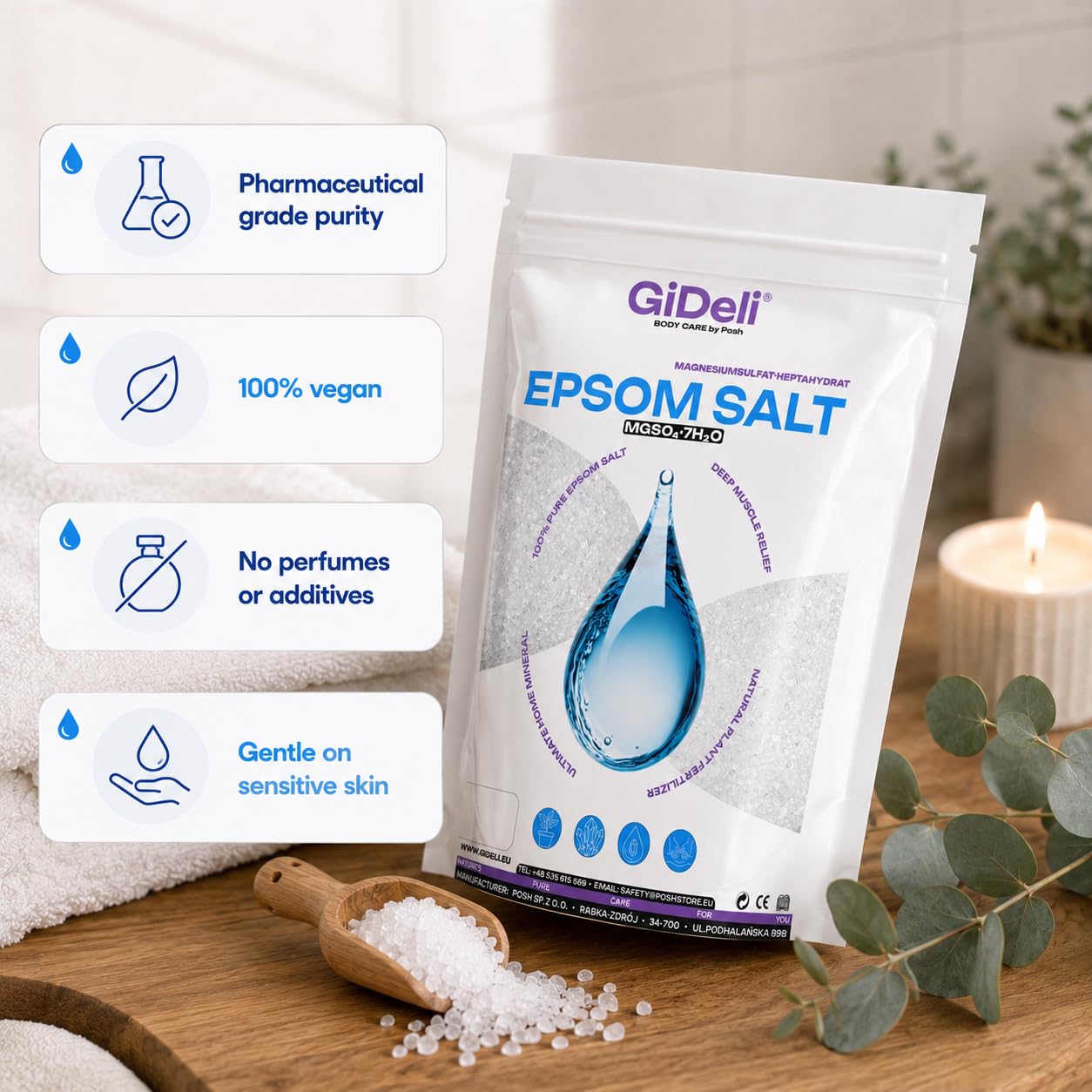 GiDeli Epsom sale da bagno Sale Epsom, solfato di magnesio puro eptahidrato, qualità farmaceutica (20 kg)