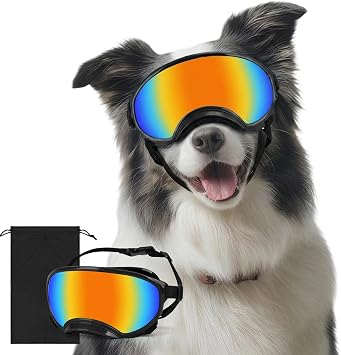 Dog Goggles for Medium Breed, Windproof Dustproof Anti-UV Sunglasses with Adjustable Strap & Soft Frame, Lightweight Breathable Design for Running Hiking Beach Outdoor Activities Black