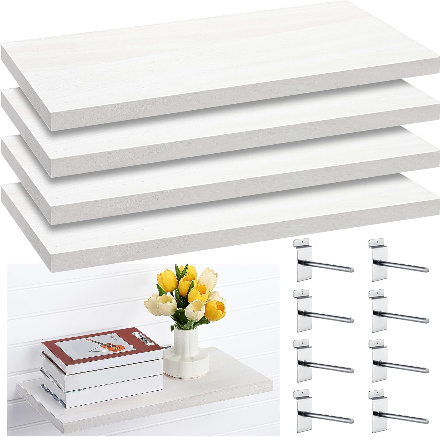 4 Pack Wooden Slatwall Shelf, White Slatwall Shelves with Metal Hooks Organizer Set Mounted Accessories for Garage Home Workshop Workbench 23.6" x 11.8" x 1.1" White 23.6" X 11.8" X 1.1"