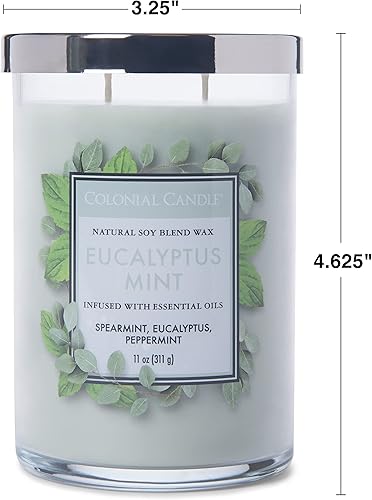 Miniatura 6 de Colonial Candle - Vela perfumada en frasco con aroma a eucalipto y menta, colección cilindros clásicos, 2 mechas, verde, 11 oz - hasta 80 horas de