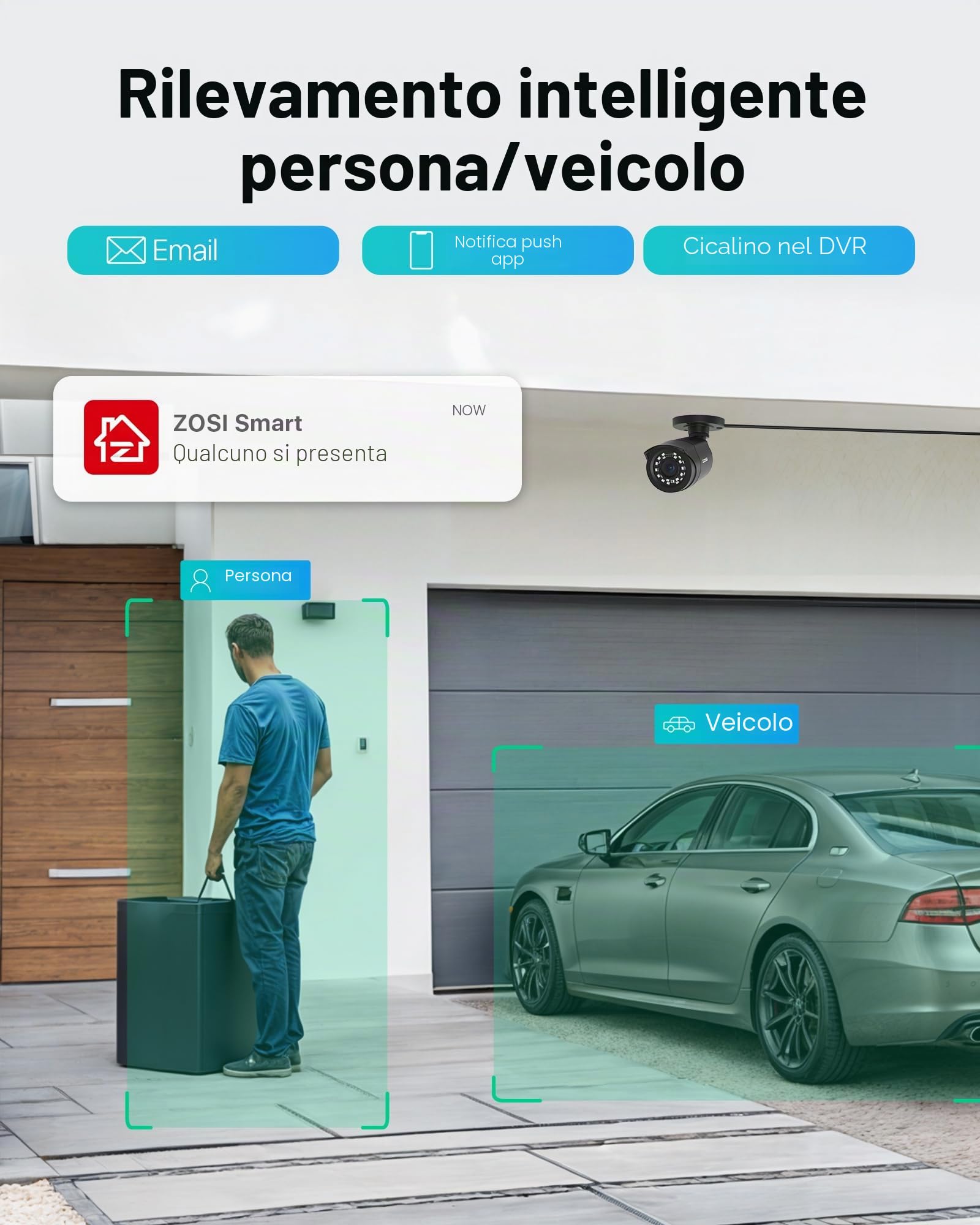 ZOSI 1080P 8CH 500GB DVR Pacchetto di sicurezza completo con 4 telecamere bullet cablate per interni/esterni, rilevamento intelligente, IR 24 m per casa e garage